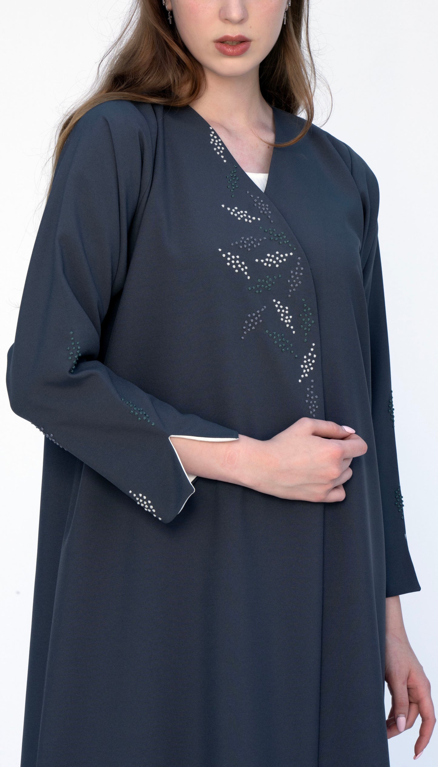 Overlap Abaya With Colourful French Knot Embroidered Detailing