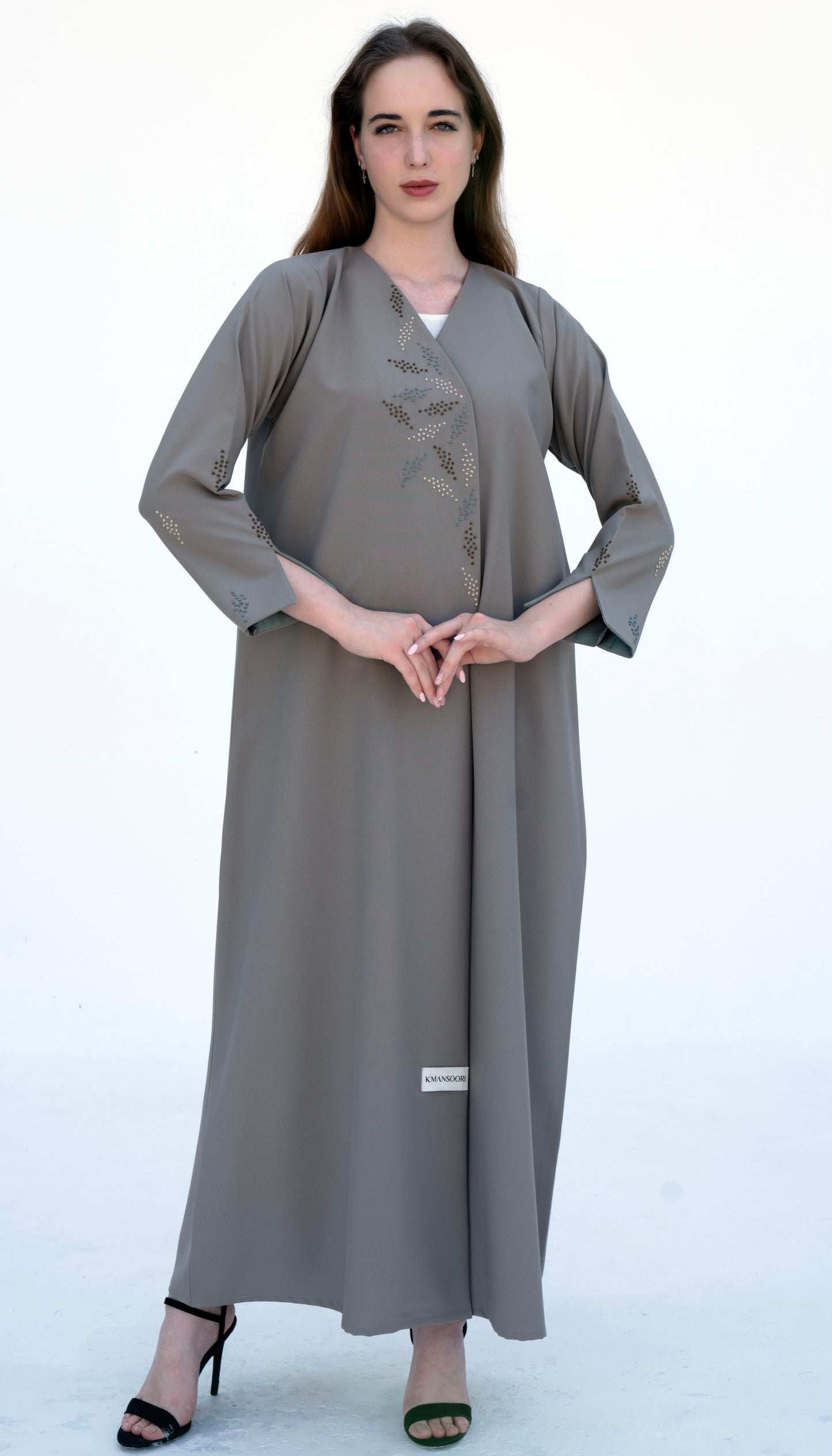 Overlap Abaya With Colourful French Knot Embroidered Detailing