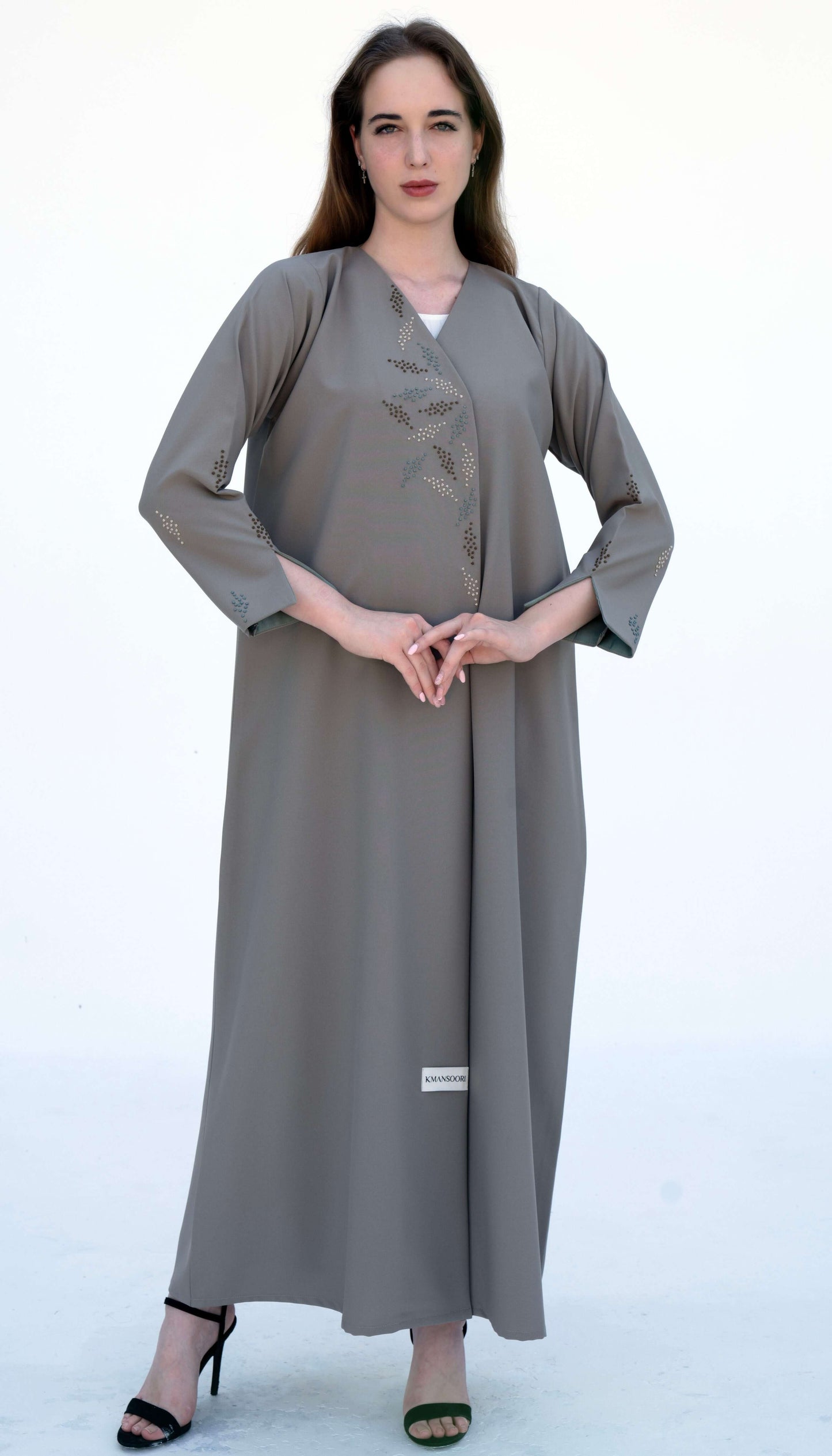 Overlap Abaya With Sea Green Colourful French Knot Embroidered Detailing