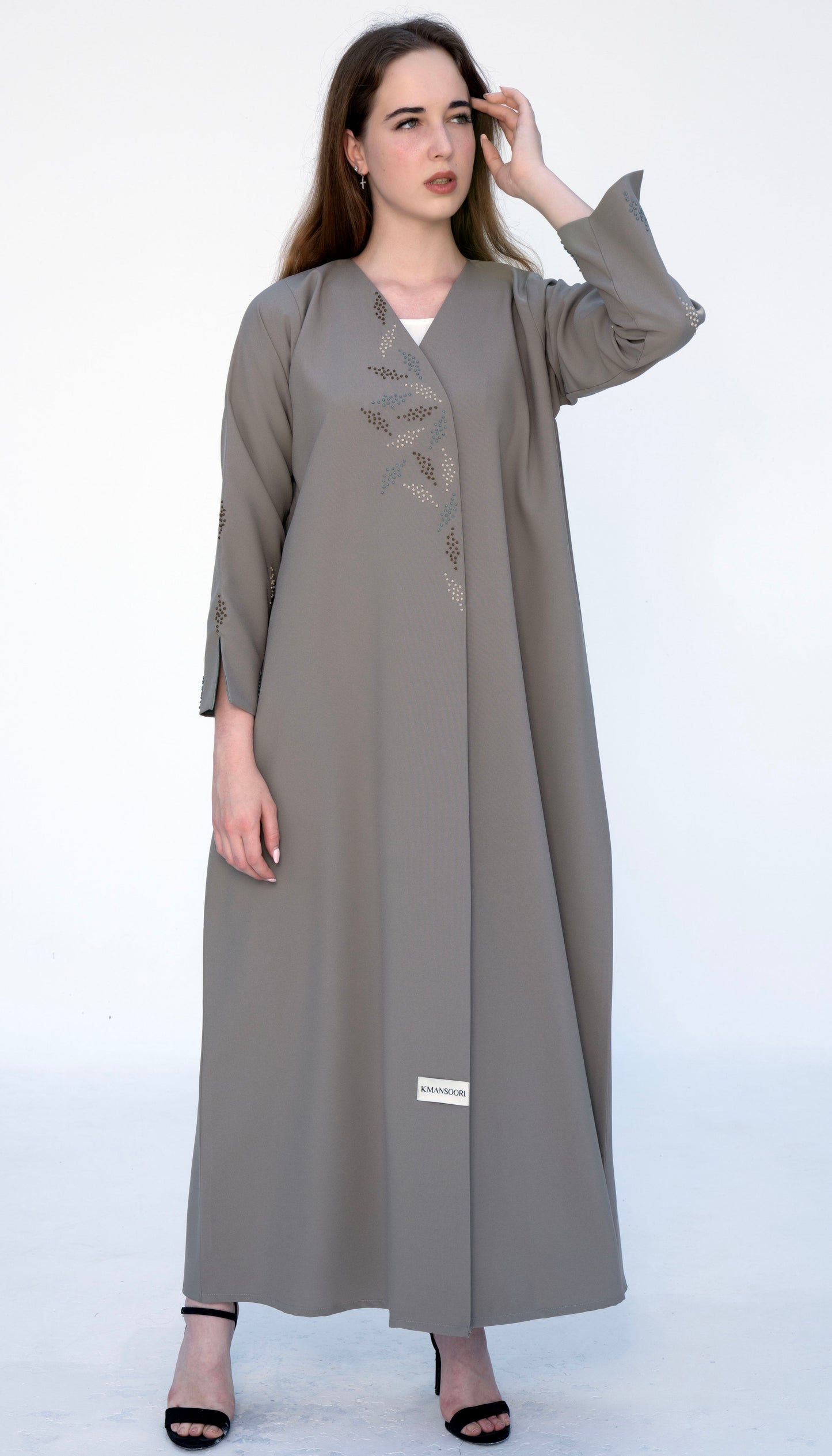 Overlap Abaya With Colourful French Knot Embroidered Detailing