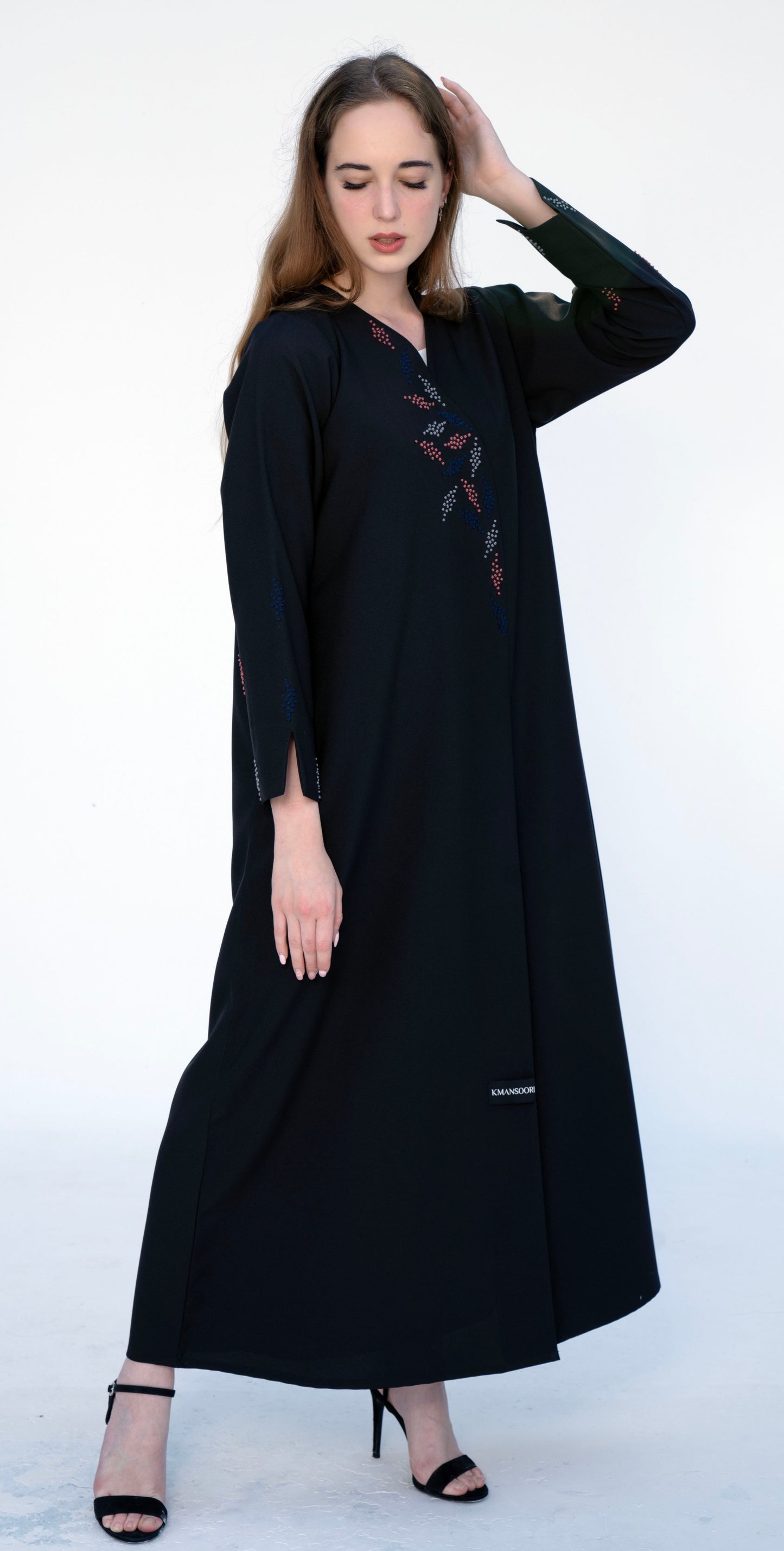 Overlap Abaya With Colourful French Knot Embroidered Detailing