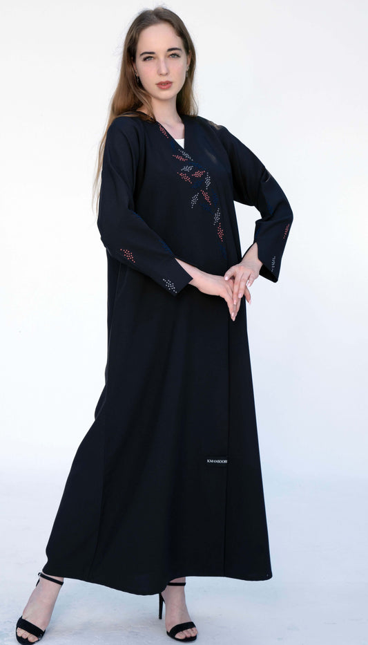 Overlap Black Abaya With Colourful French Knot Embroidered Detailing