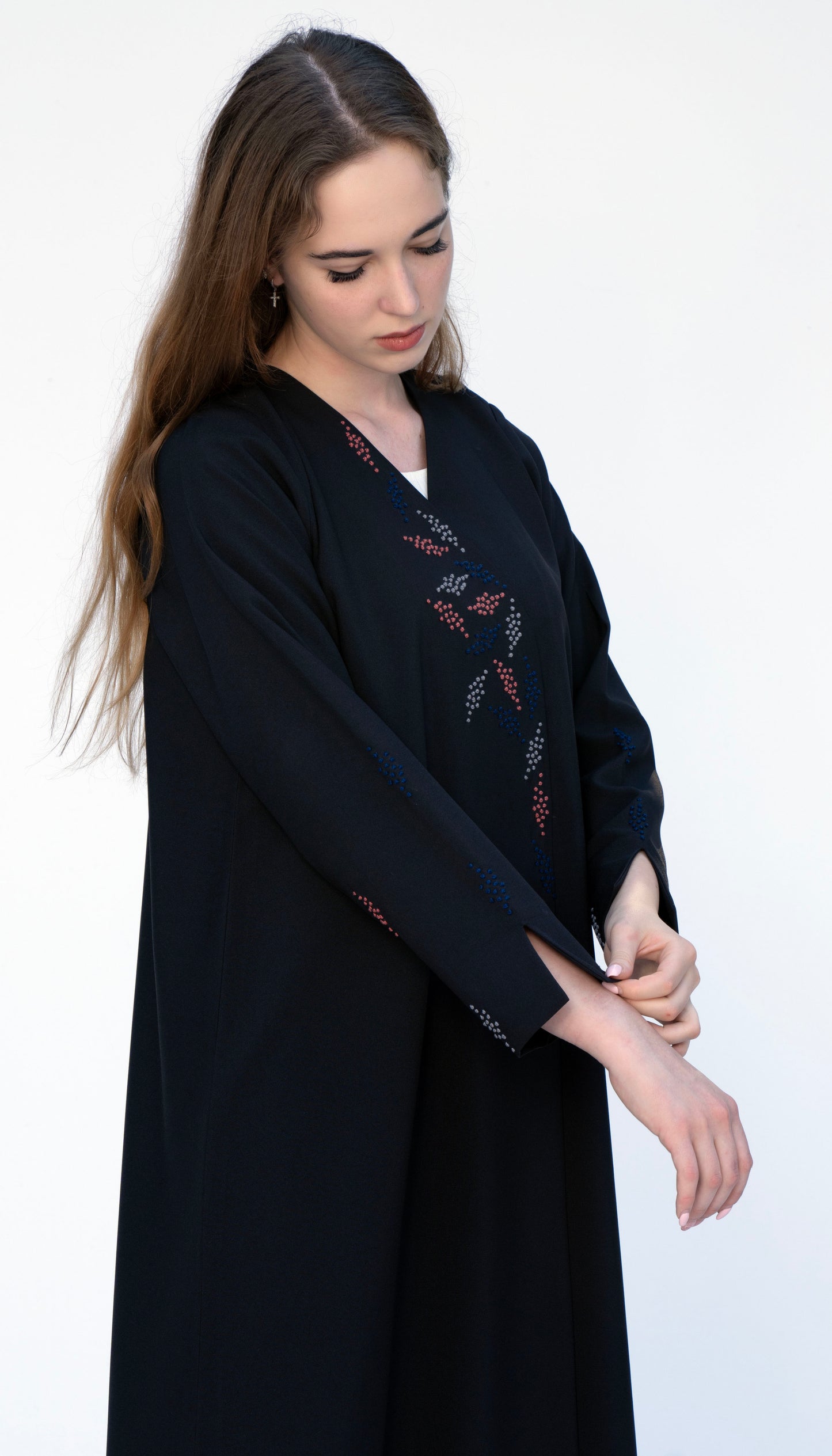 Overlap Abaya With Colourful French Knot Embroidered Detailing