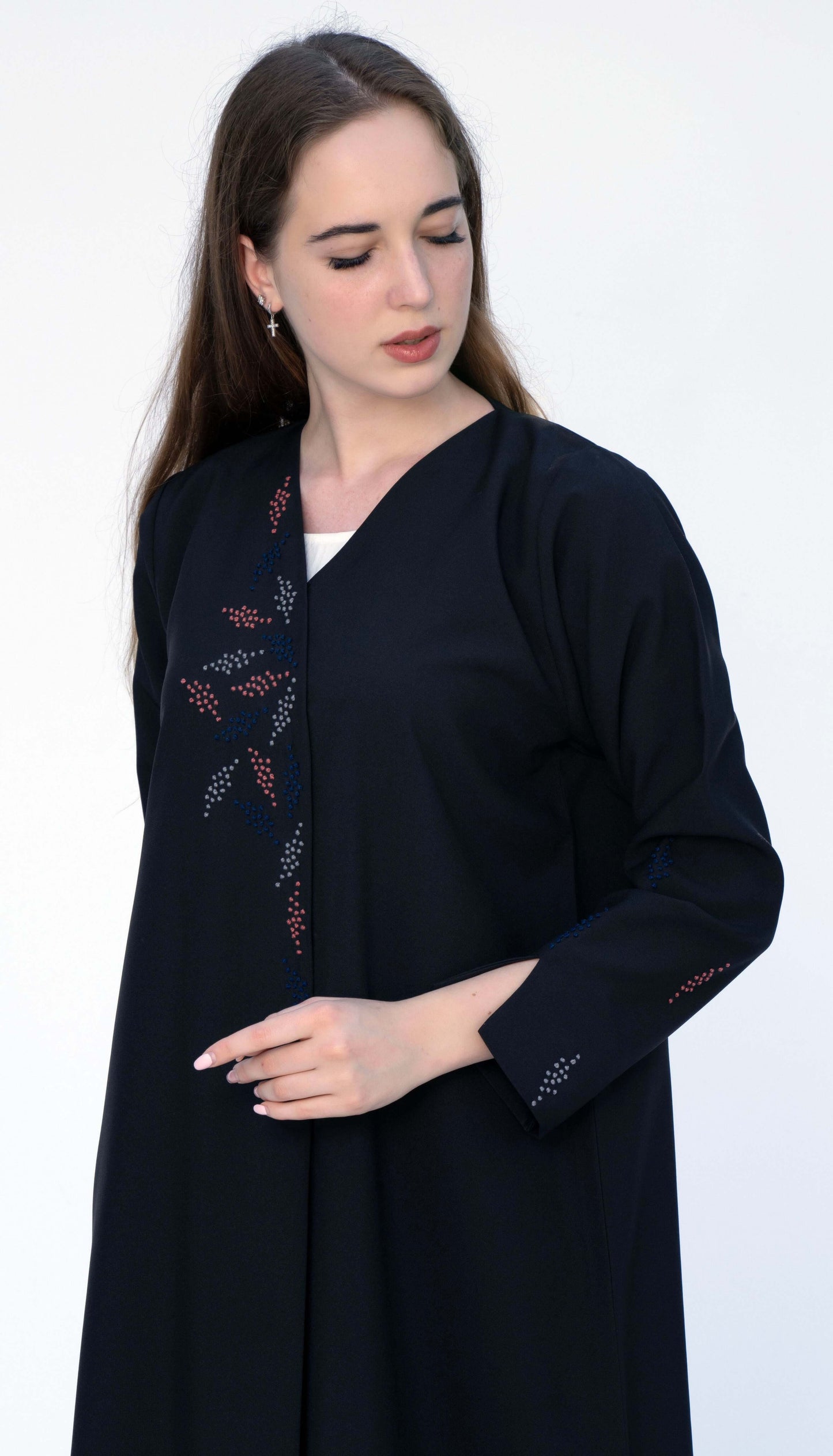 Overlap Black Abaya With Colourful French Knot Embroidered Detailing