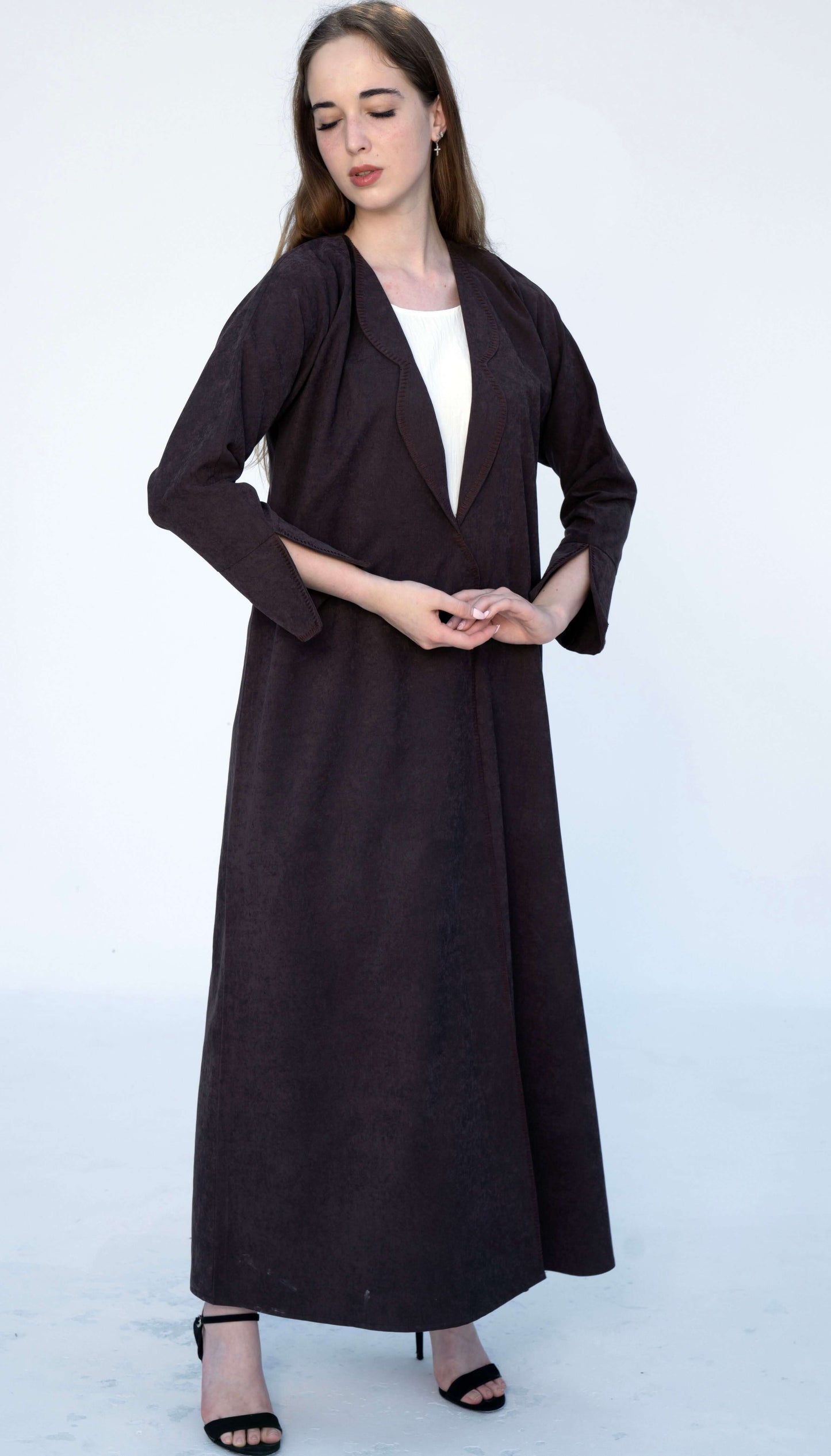 Coat Style Brown Color Abaya With Thread Stitch Detailing