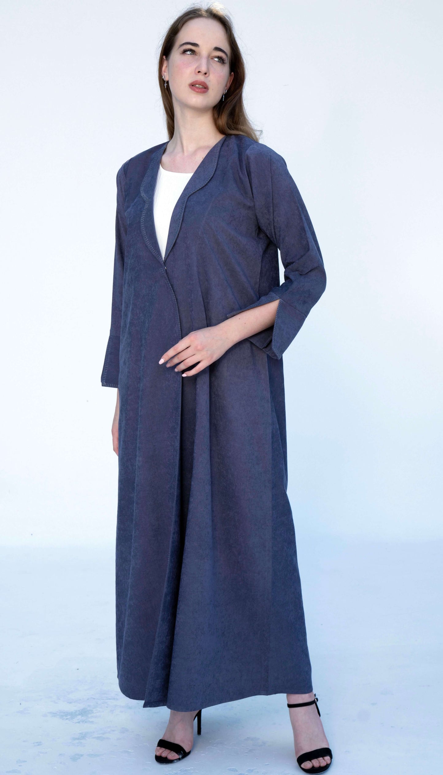 Coat Style Grey Color Abaya With Thread Stitch Detailing