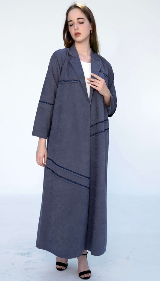 Grey Collar Abaya With Blanket Stitch Detailing On Front And Sleeve