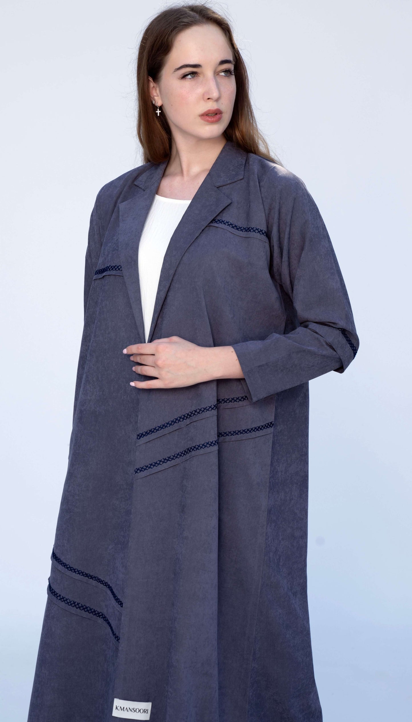 Collar Abaya With Grey Blanket Stitch Detailing On Front And Sleeve