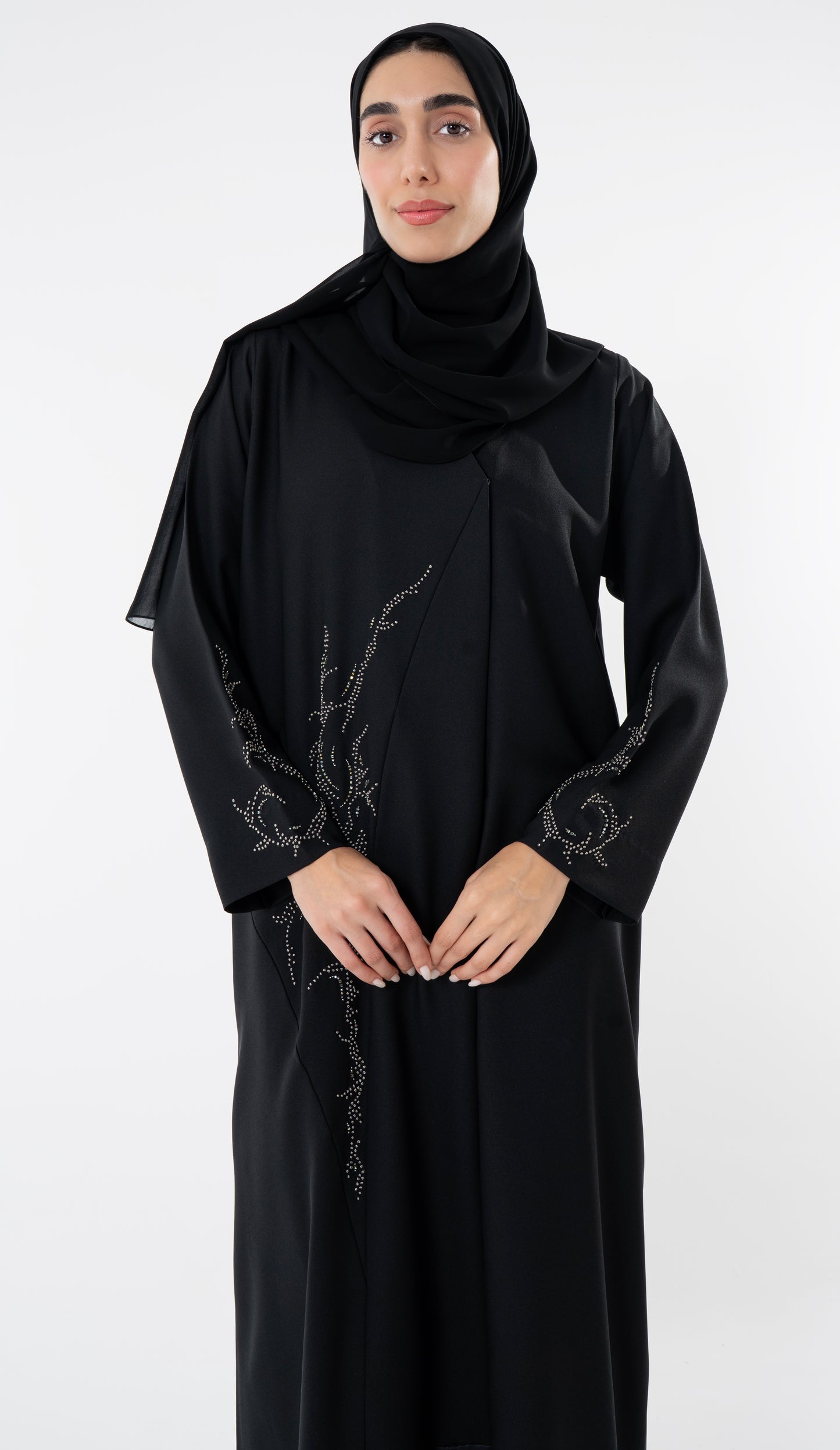 Black Abaya With Knot Embroidery Design On Front And Sleeve