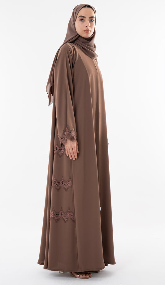 Side Cut Beige Abaya With Embroidery Lace Detailing