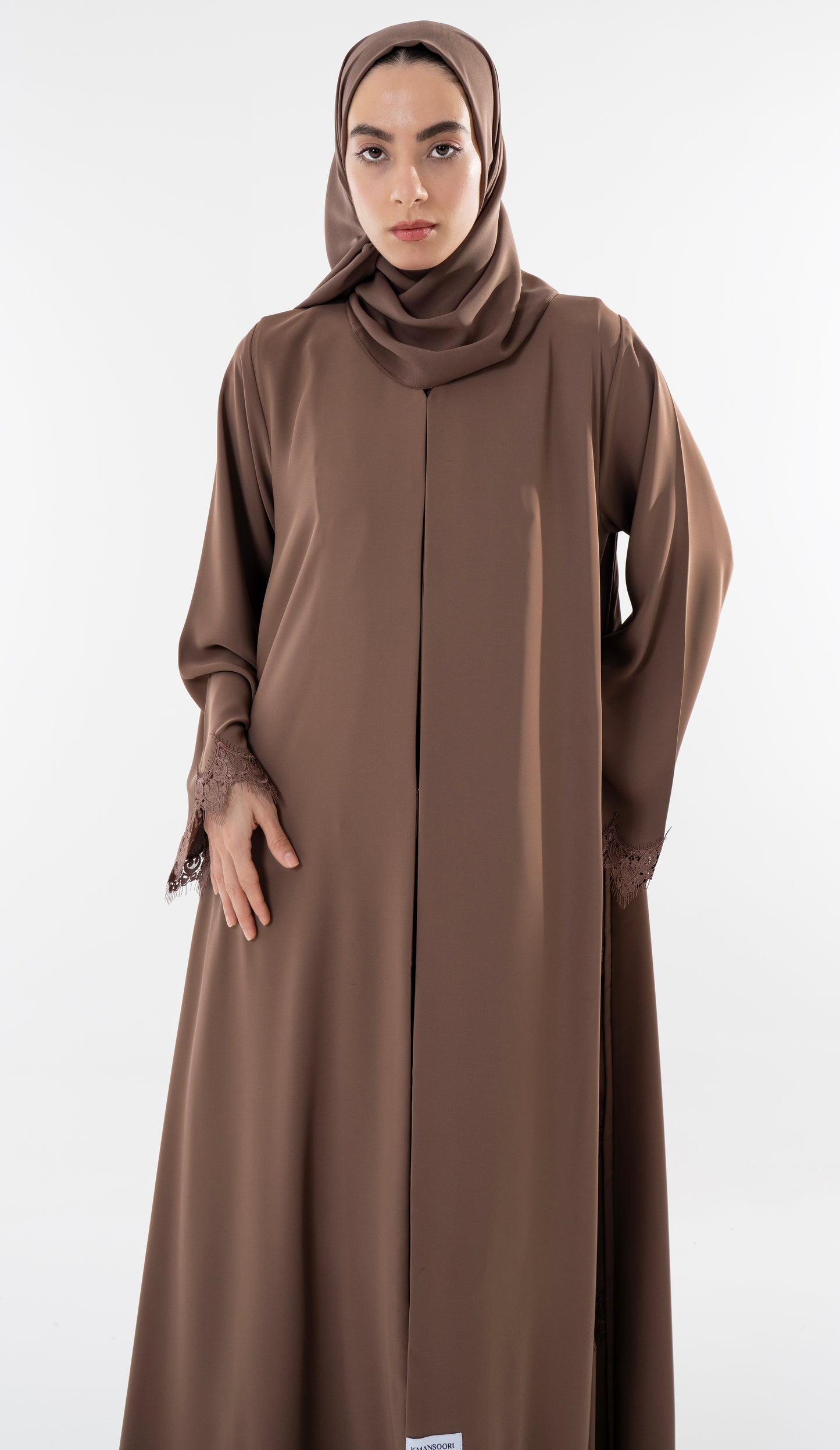 Side Cut Beige Abaya With Embroidery Lace Detailing