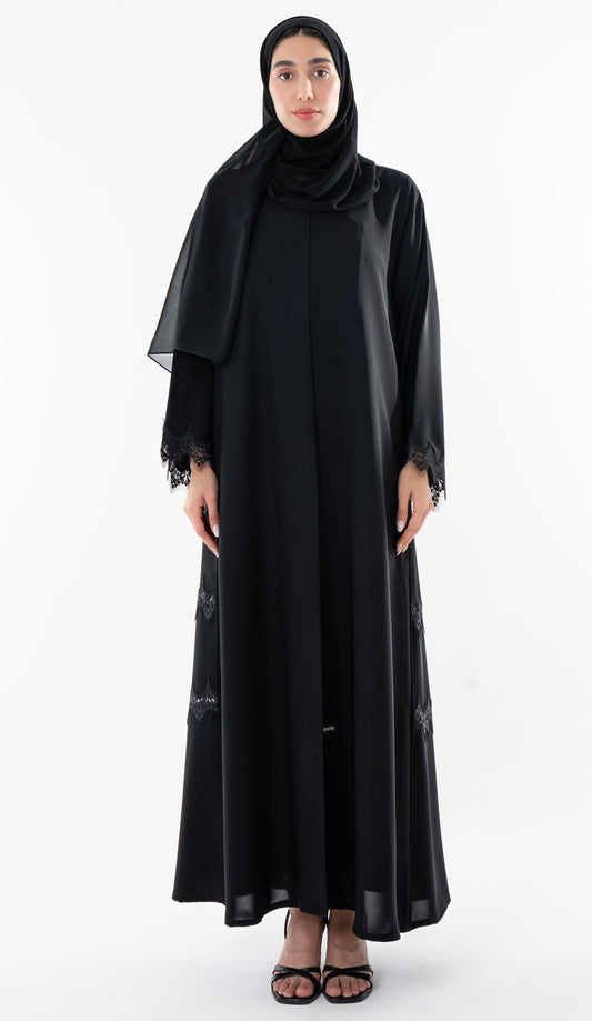 Side Cut Black Abaya With Embroidery Lace Detailing
