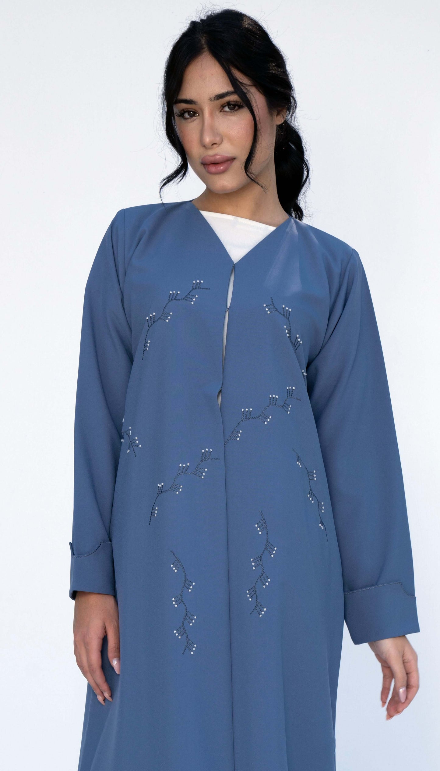 Light Blue Floral Thread Embroidery On Front And Folded Sleeve Pattern