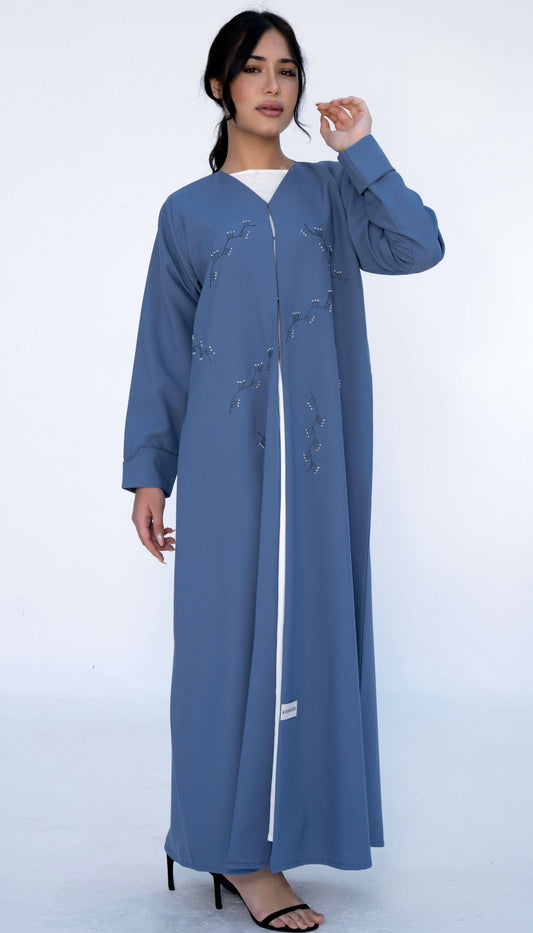 Light Blue Floral Thread Embroidery On Front And Folded Sleeve Pattern