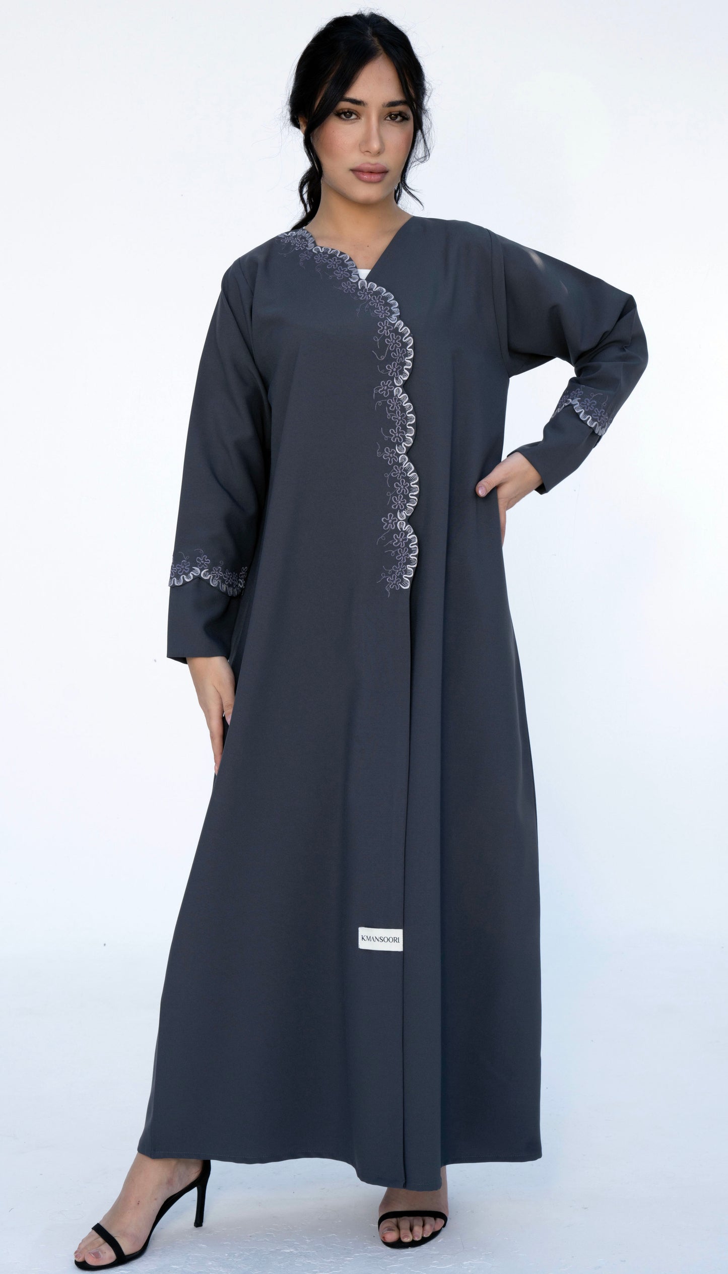Embroidered Curve Pattern Overlap Abaya With Curve Cut Sleeve