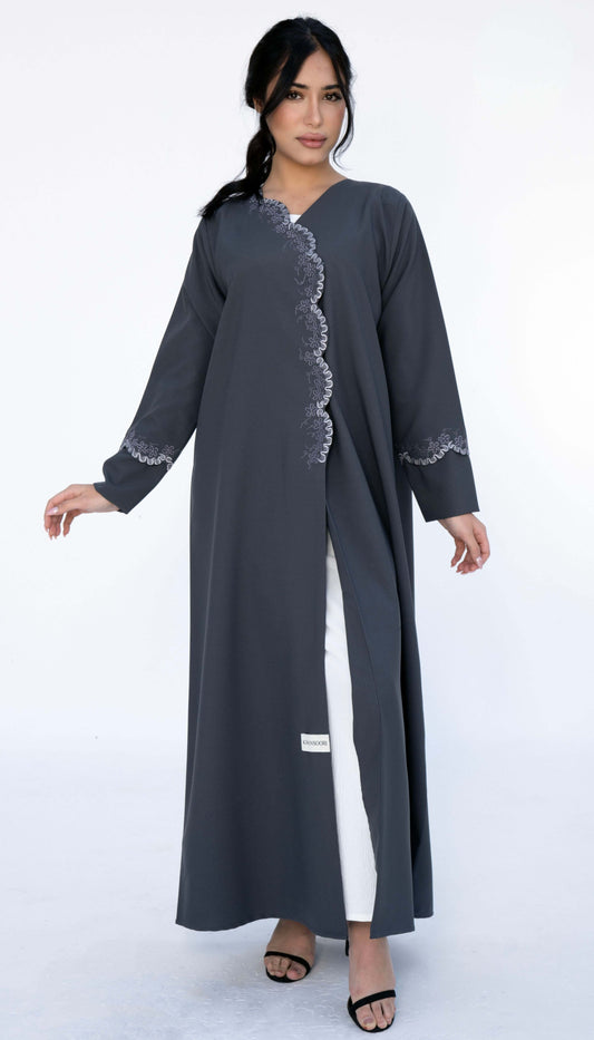 Grey Embroidered Curve Pattern Overlap Abaya With Curve Cut Sleeve