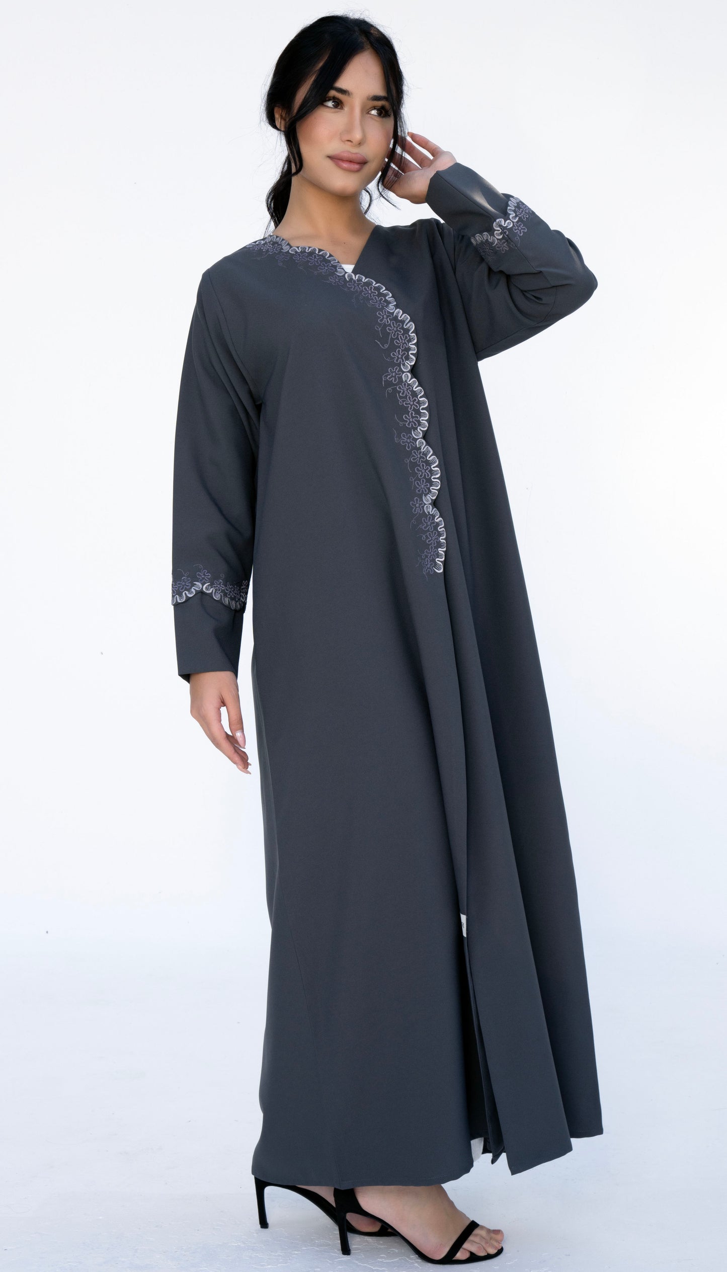 Embroidered Curve Pattern Overlap Abaya With Curve Cut Sleeve