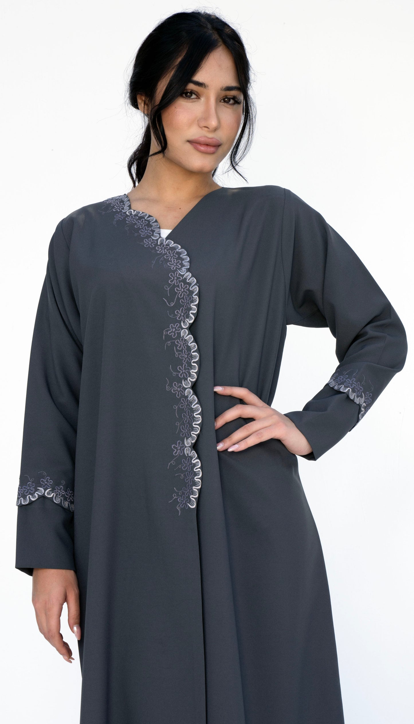 Embroidered Curve Pattern Overlap Abaya With Curve Cut Sleeve
