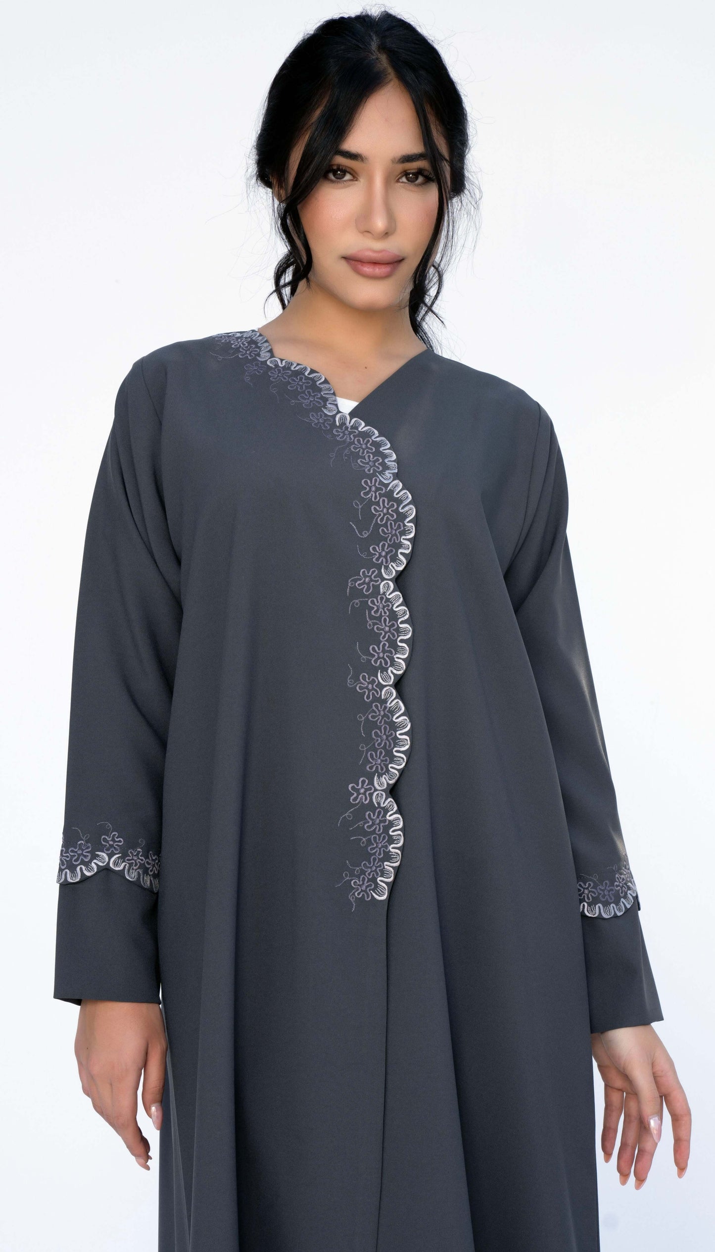 Embroidered Curve Pattern Overlap Grey Abaya With Curve Cut Sleeve