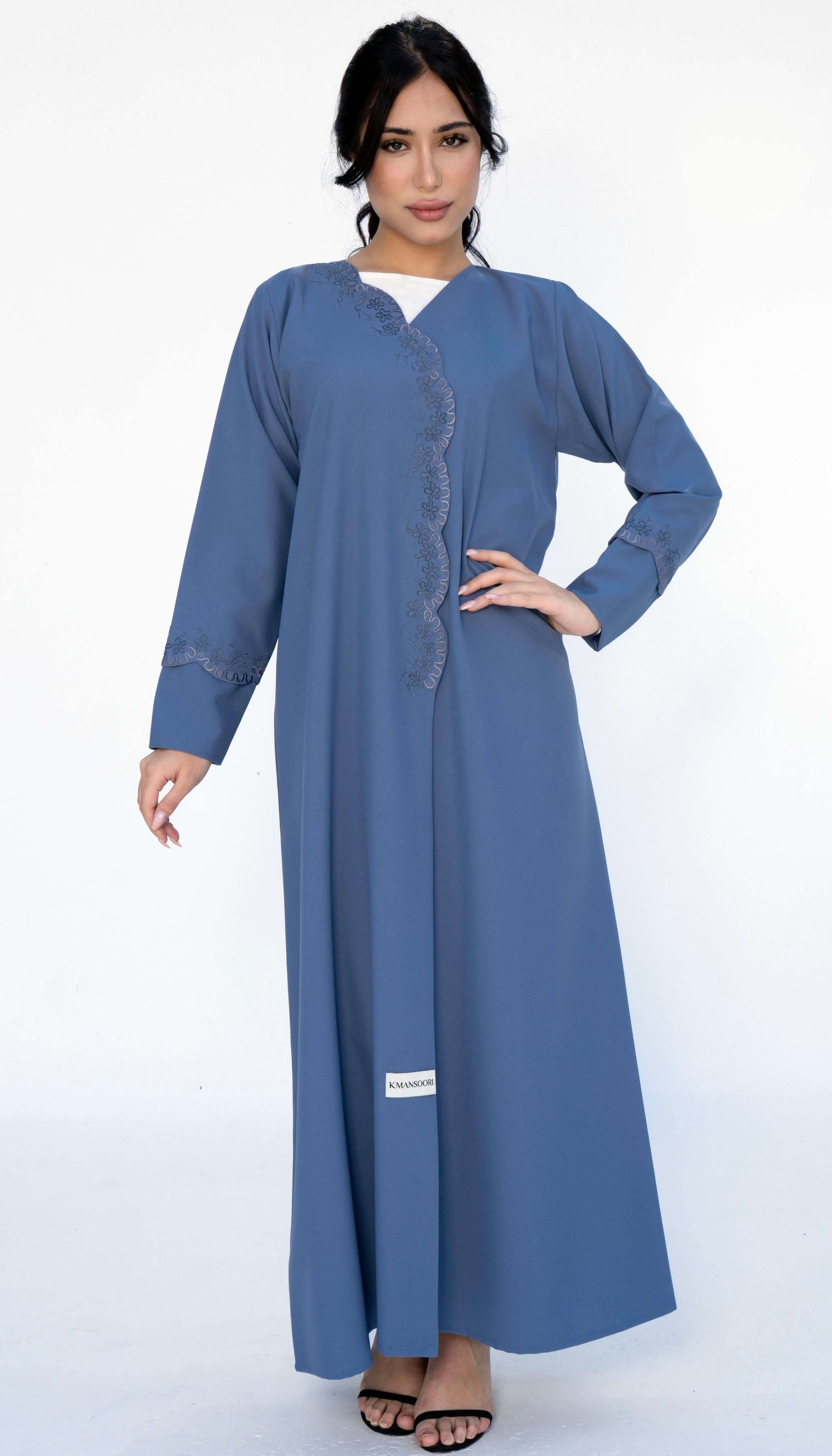 Light Blue Embroidered Curve Pattern Overlap Abaya With Curve Cut Sleeve