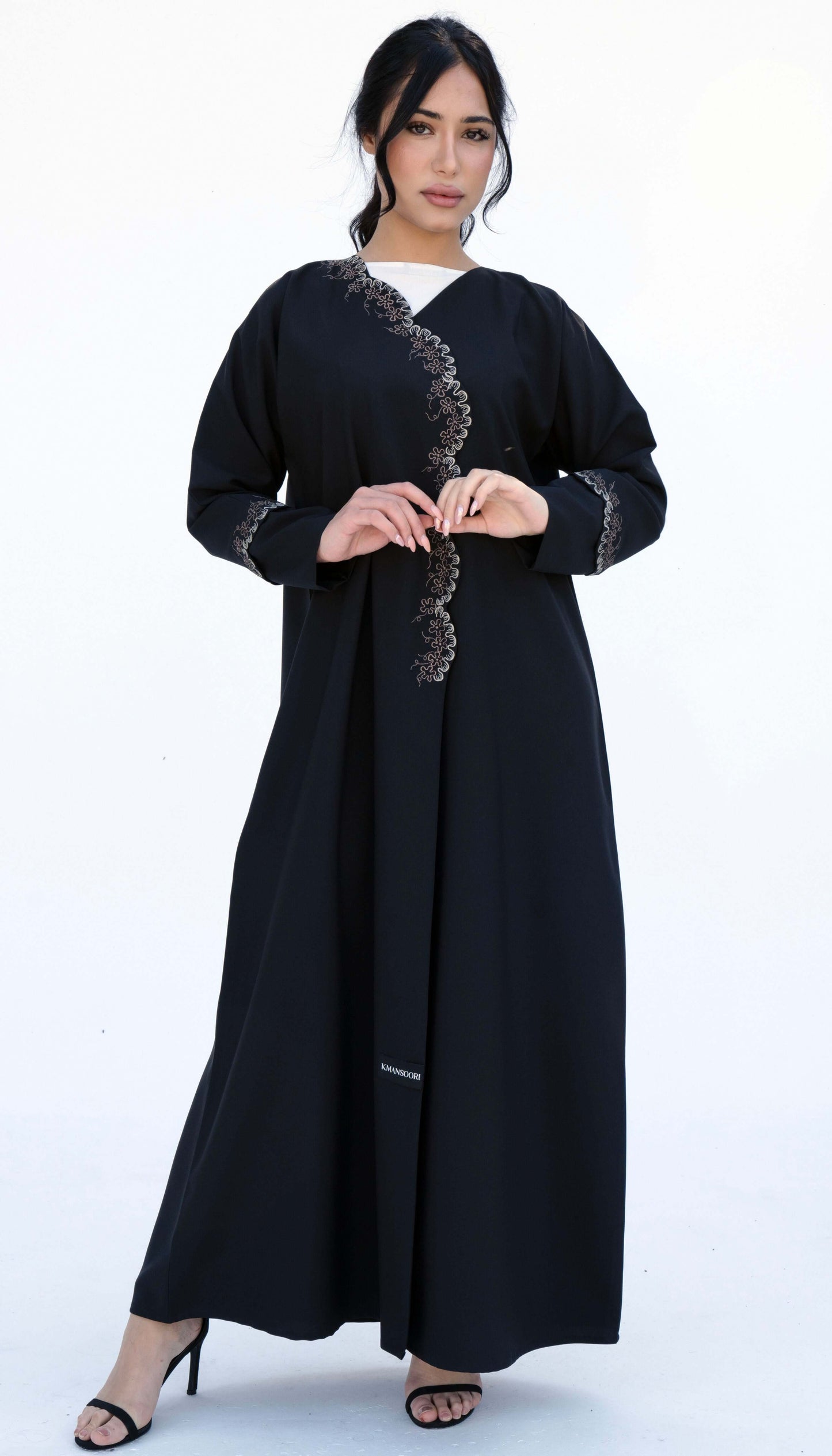 Black Embroidered Curve Pattern Overlap Abaya With Curve Cut Sleeve