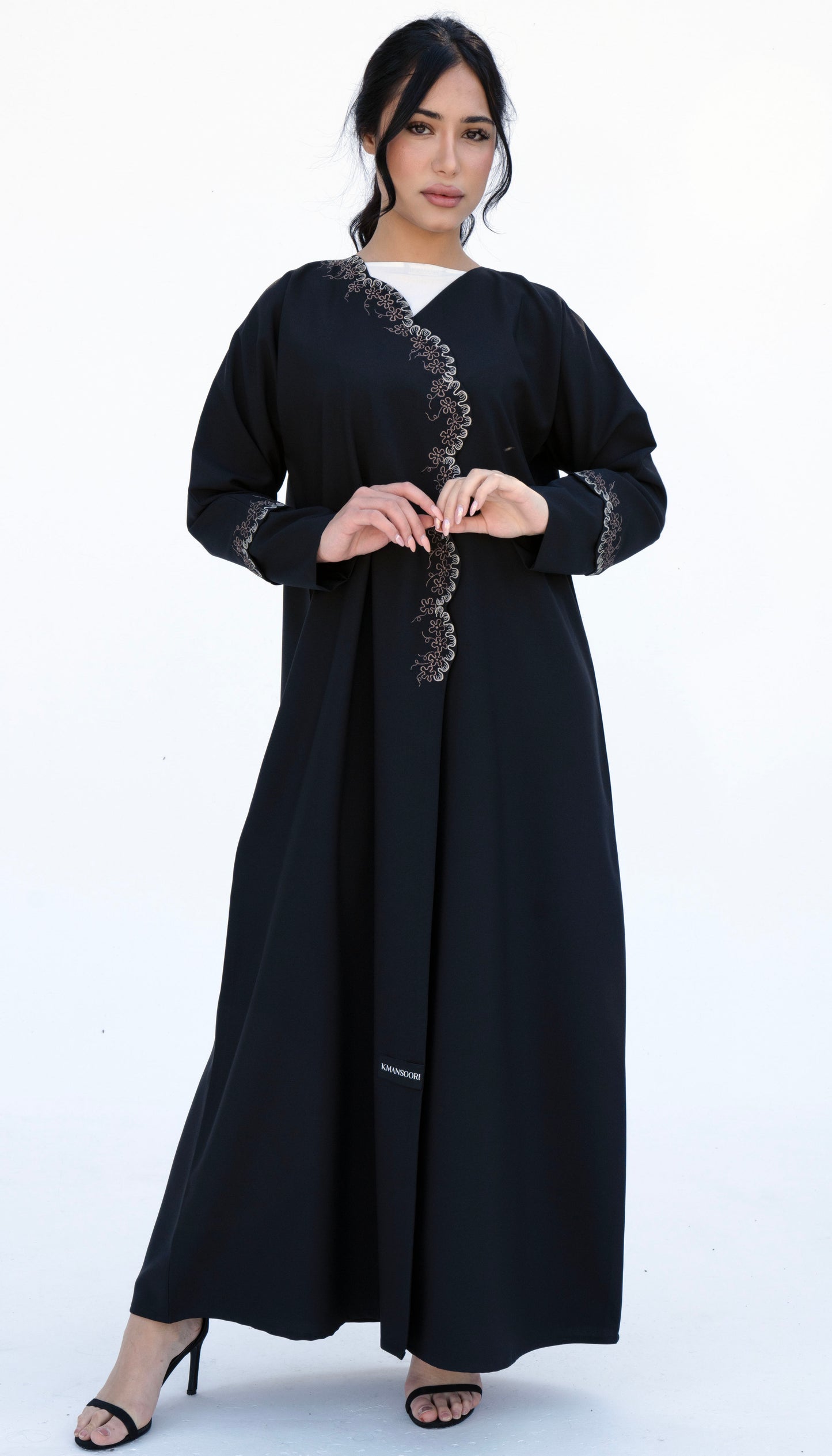 Embroidered Curve Pattern Overlap Abaya With Curve Cut Sleeve