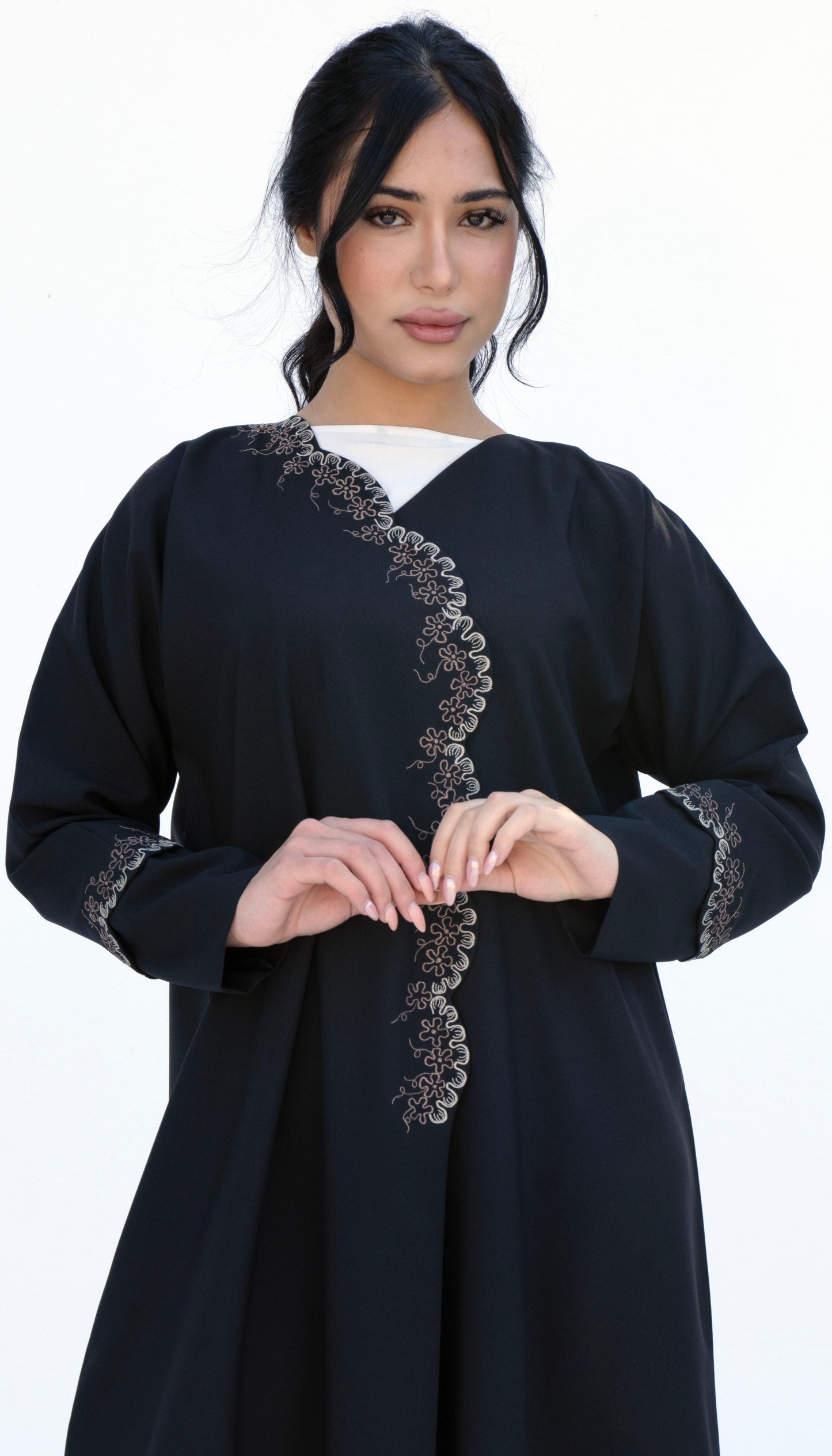 Embroidered Curve Pattern Overlap Abaya With Curve Cut Sleeve