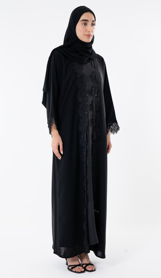 Open Black Abaya With Embroidery Lace In Bahrini Style