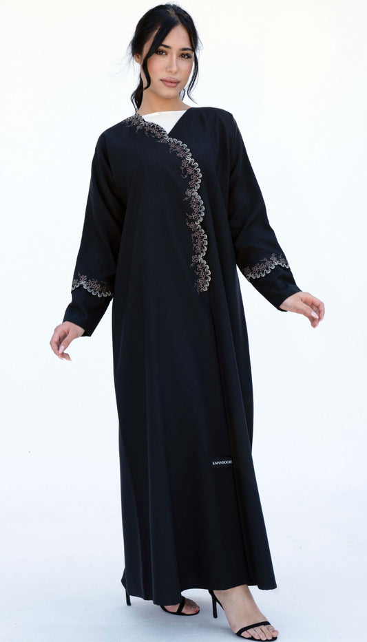 Embroidered Curve Pattern Overlap Black Abaya With Curve Cut Sleeve