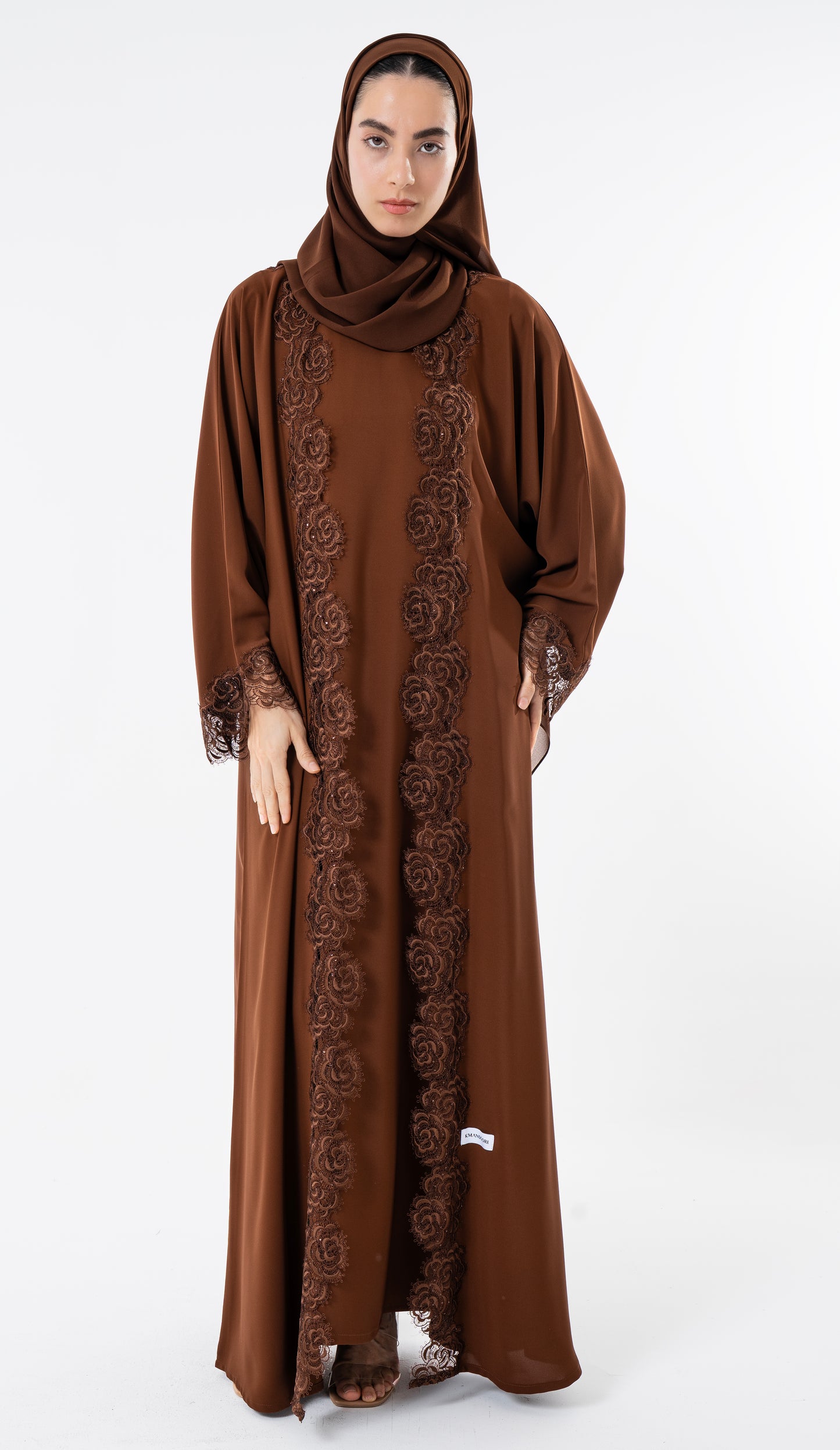 Open Brown Abaya With Embroidery Lace In Bahrini Style