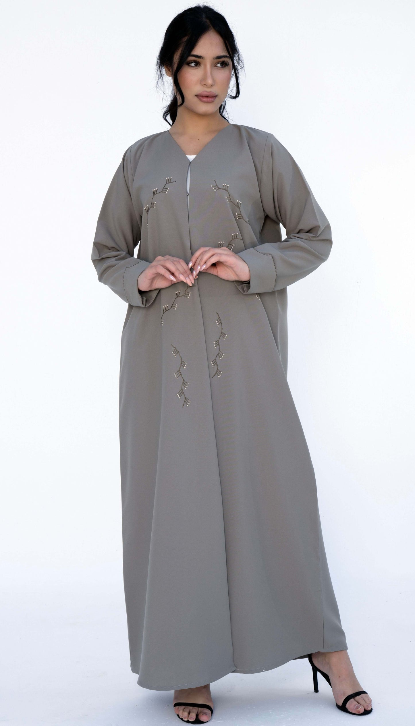 Floral Thread Sea Green Embroidery On Front And Folded Sleeve Pattern