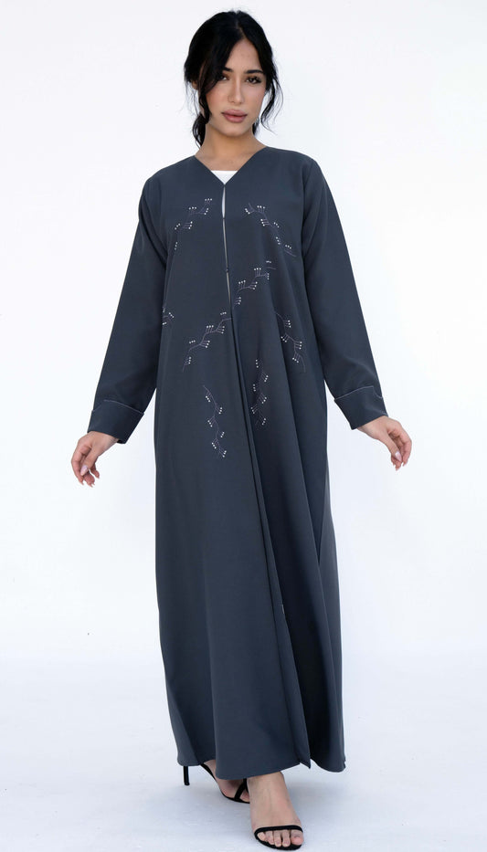 Grey Floral Thread Embroidery On Front And Folded Sleeve Pattern