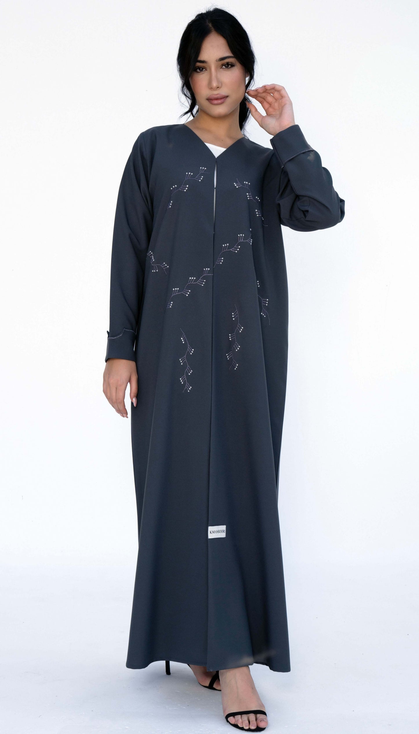 Grey Floral Thread Embroidery On Front And Folded Sleeve Pattern