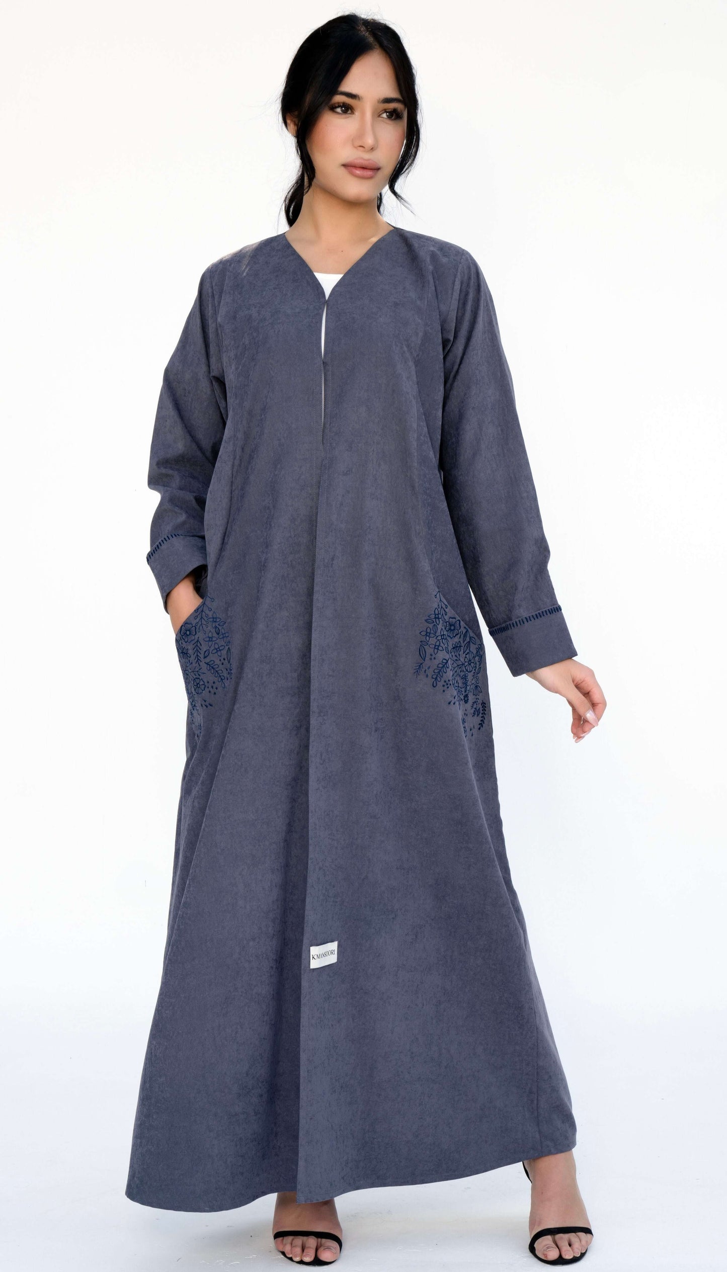 Floral Embroidered Pocket Grey Abaya And Folded Sleeve With Simple Thread Stitch Details