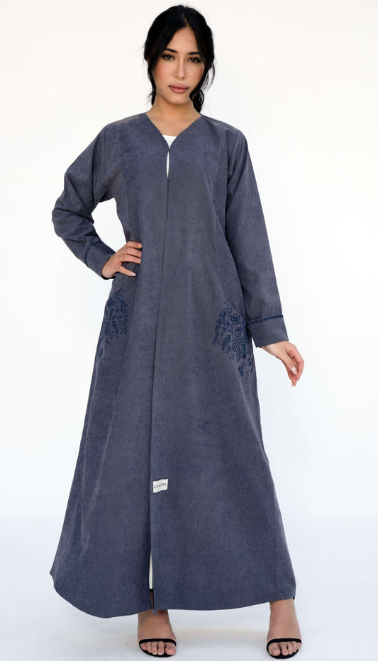Floral Embroidered Pocket Grey Abaya And Folded Sleeve With Simple Thread Stitch Details