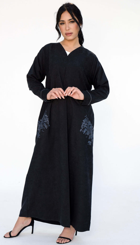 Floral Embroidered Pocket Abaya And Folded Sleeve With Simple Thread Stitch Details
