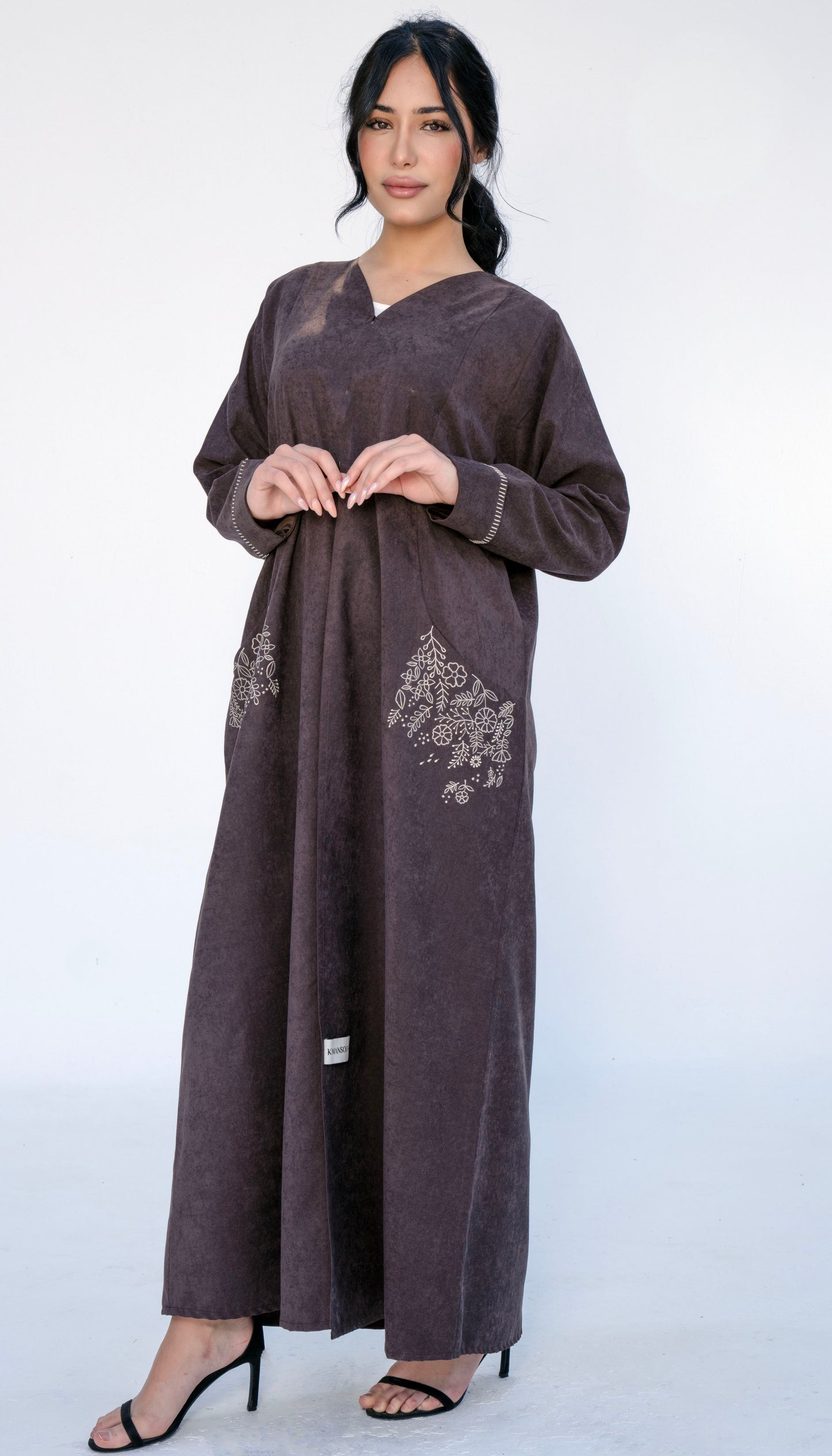 Floral Embroidered Pocket Abaya And Folded Sleeve With Simple Thread Stitch Details
