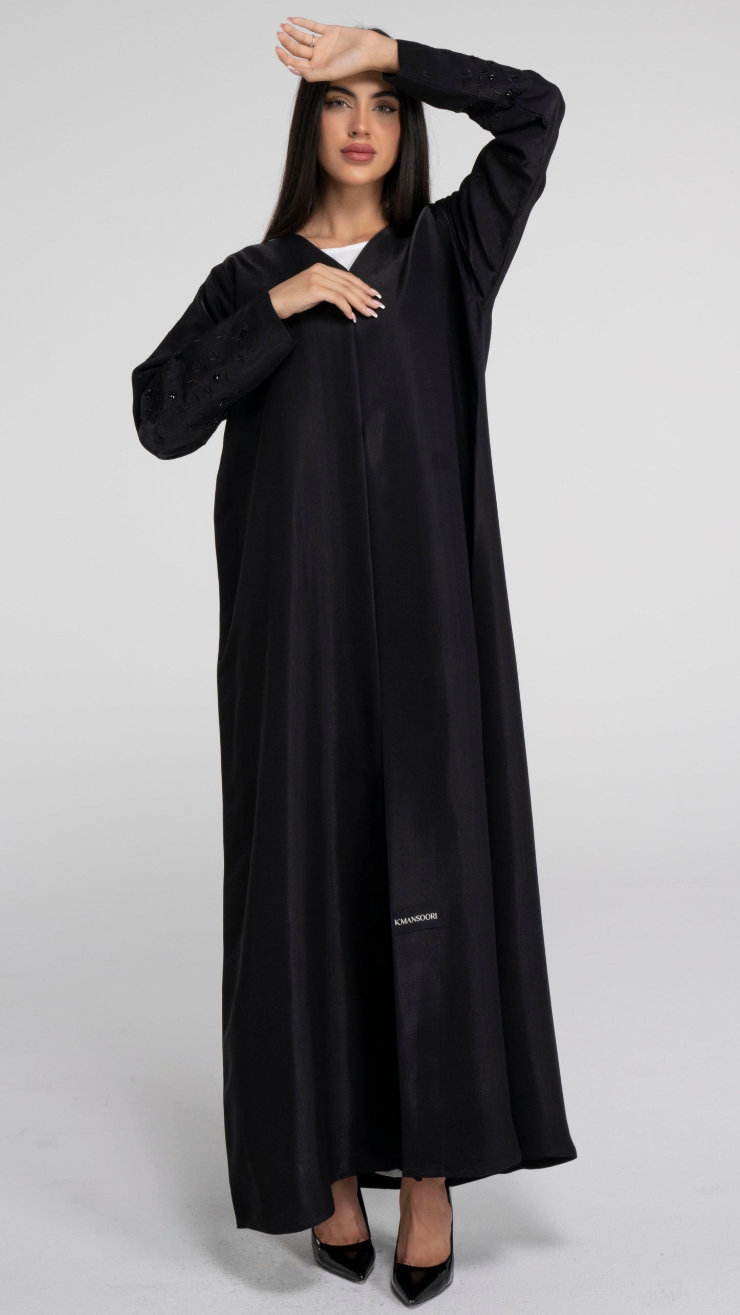 Black Abaya for women with thread floral embroidered sleeves online