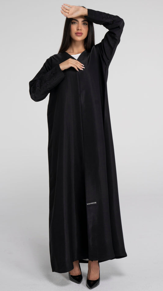 Black Abaya for women with thread floral embroidered sleeves online
