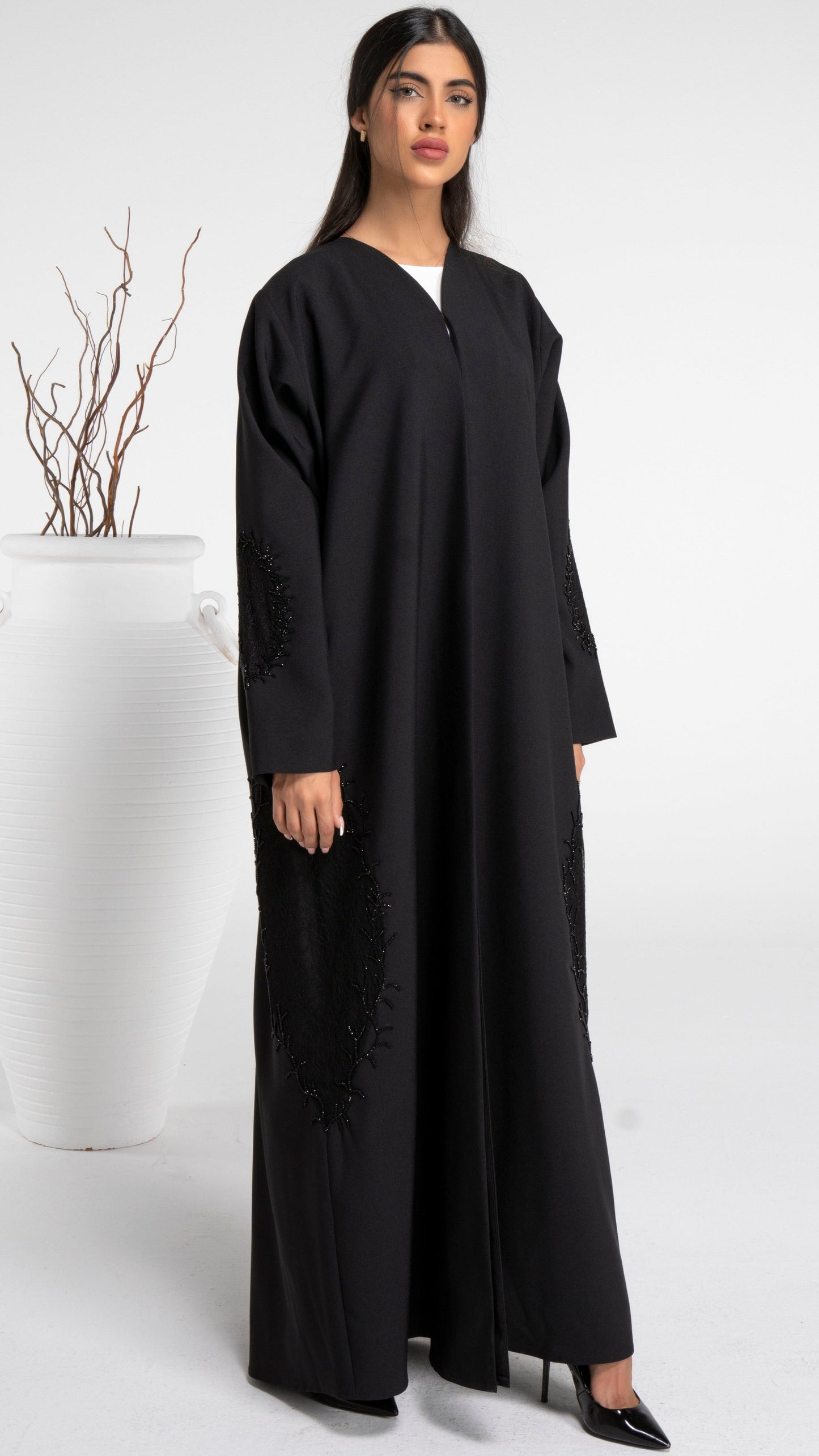 Black net abaya with bead detailing