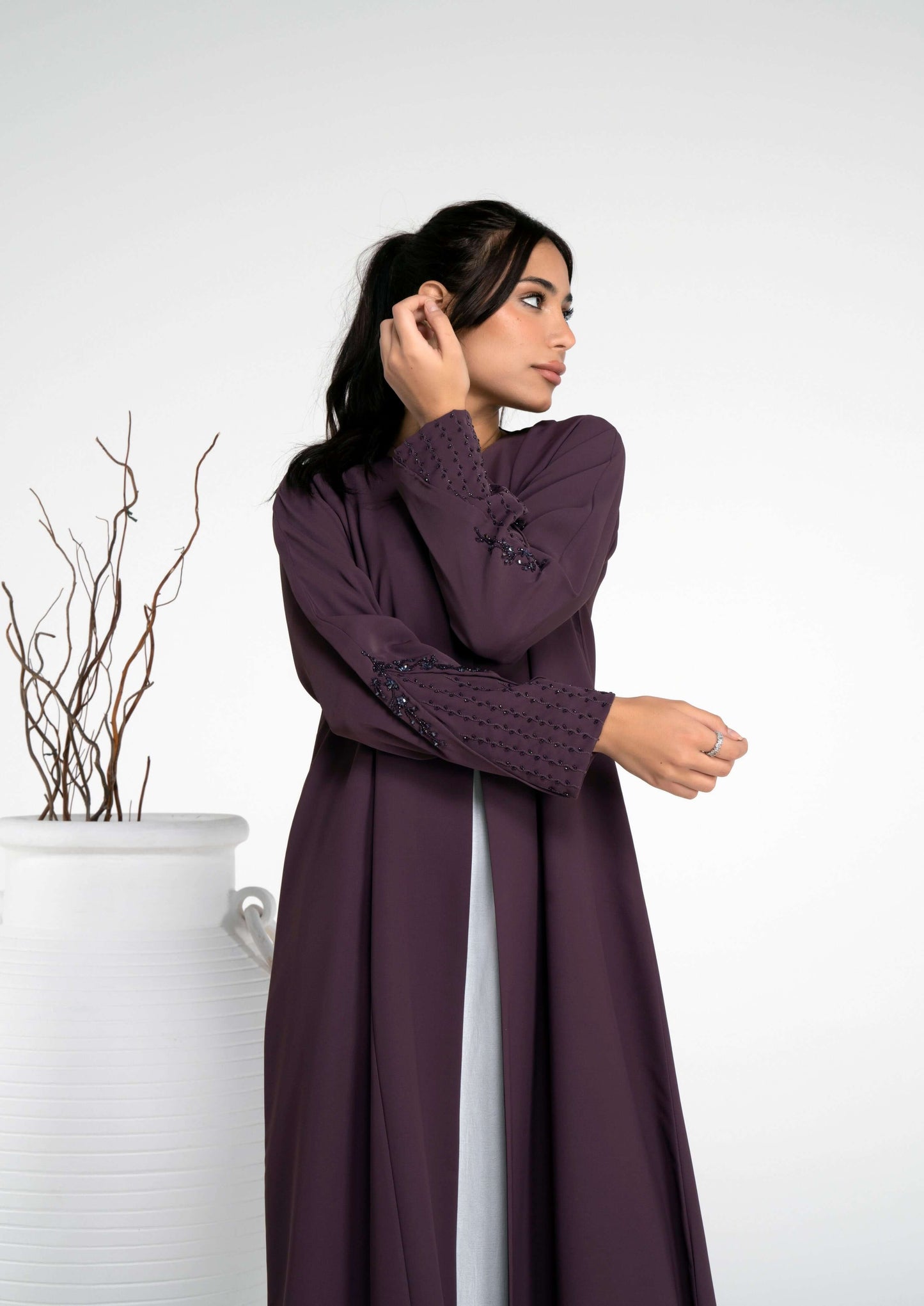 Abaya with Floral Design Sleeve With Bead Embellishment