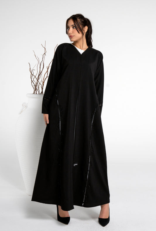 Black abaya with lace pattern with bead embellishment on side and sleeve