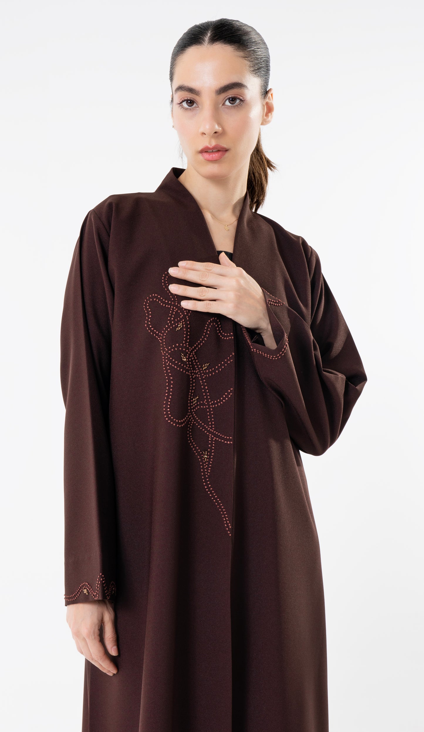 High Neck Brown Abaya With Thread And Bead Detailing