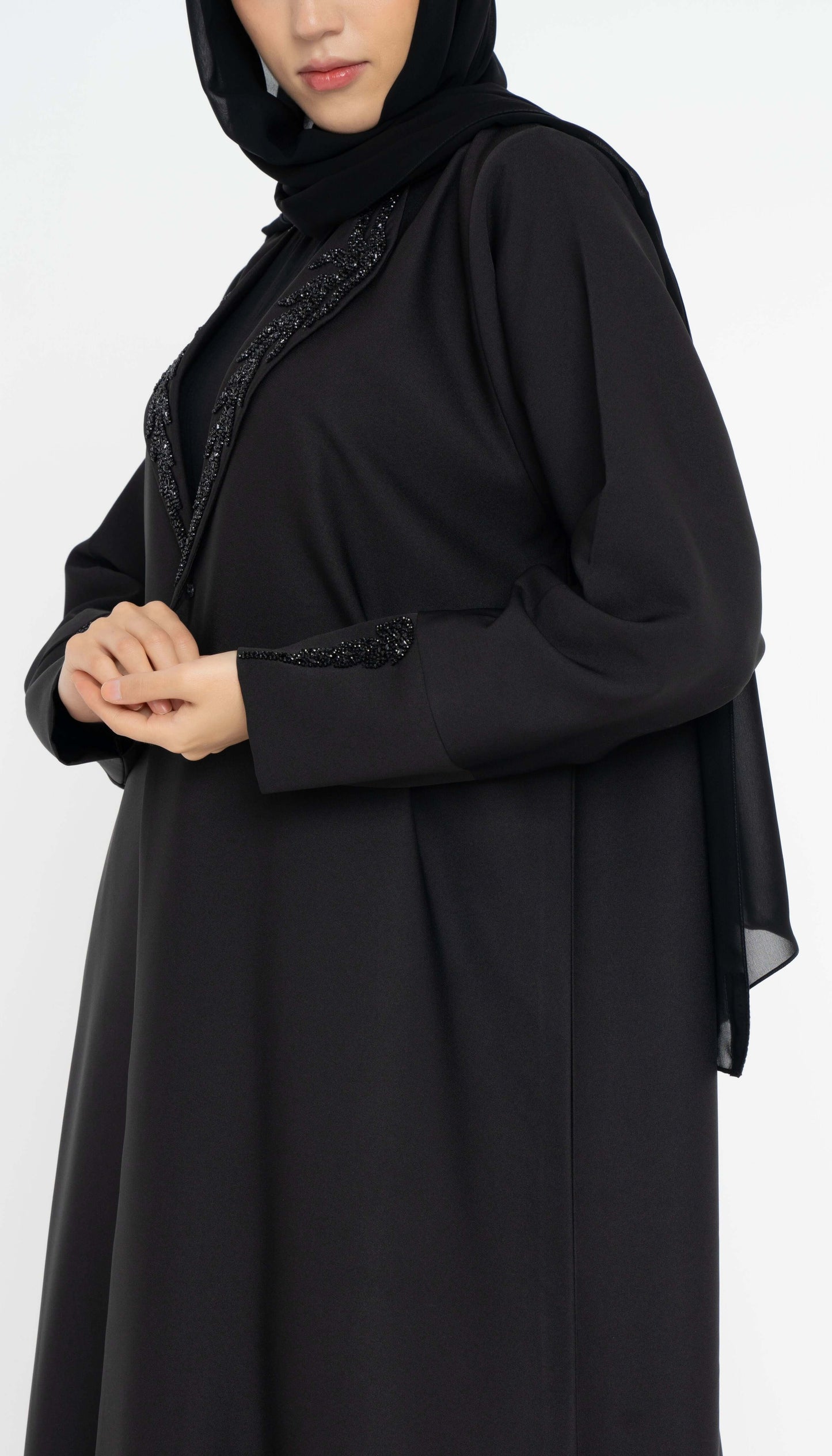 Collar Abaya With Black Handwork Detailing On Sleeves And Collar