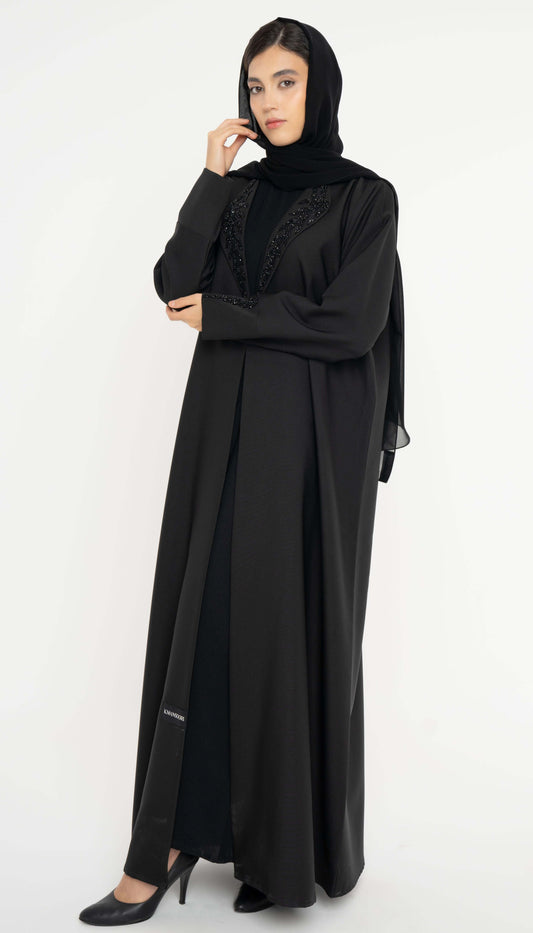 Black Collar Abaya With Handwork Detailing On Sleeves And Collar