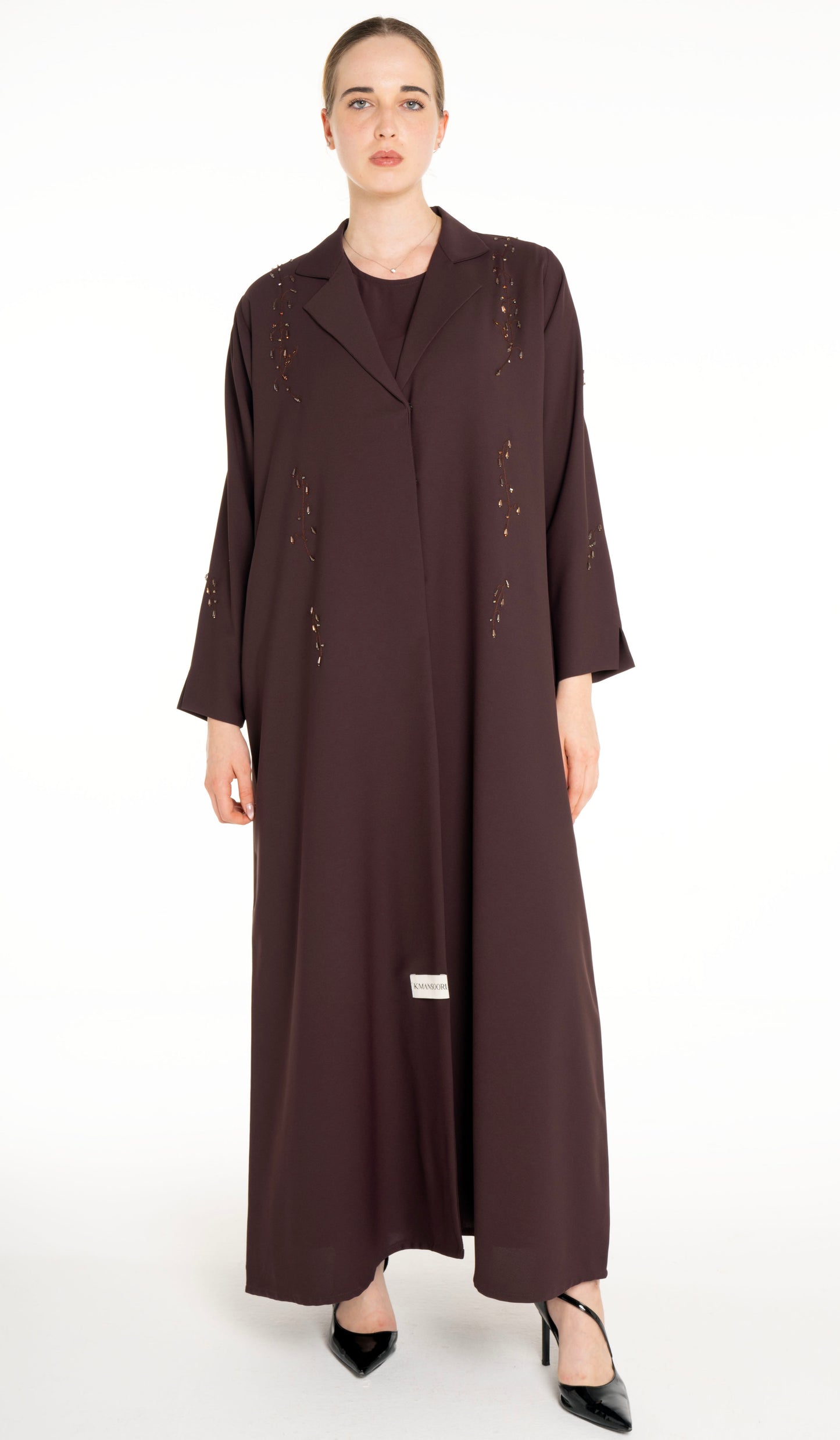 Stylish Collared Abaya With Bead Work Detailing