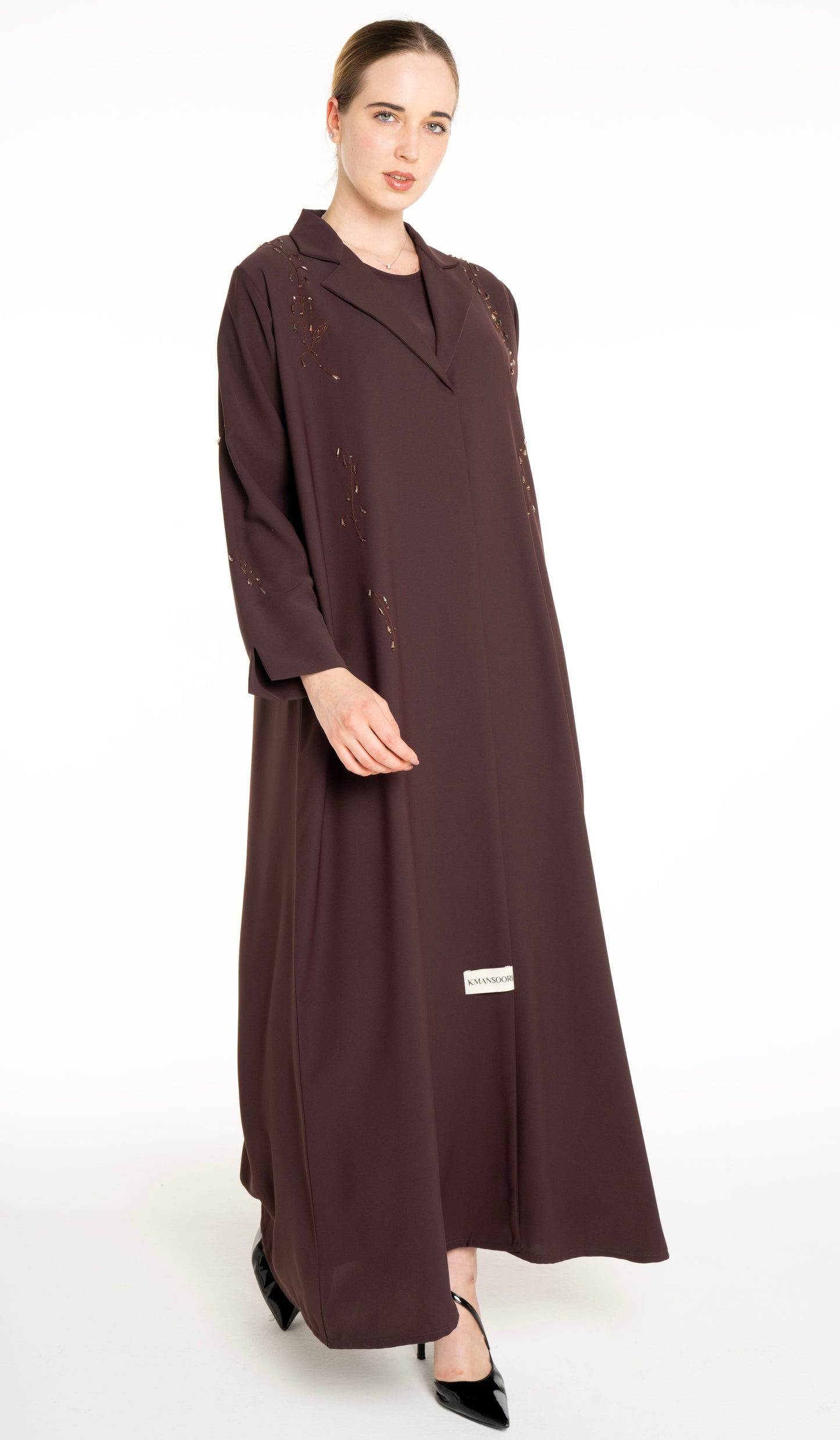 Stylish Collared Abaya With Bead Work Detailing