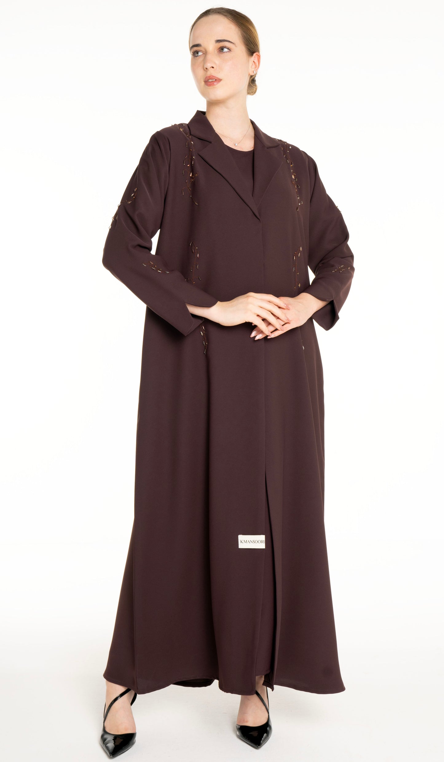 Stylish Collared Abaya With Bead Work Detailing