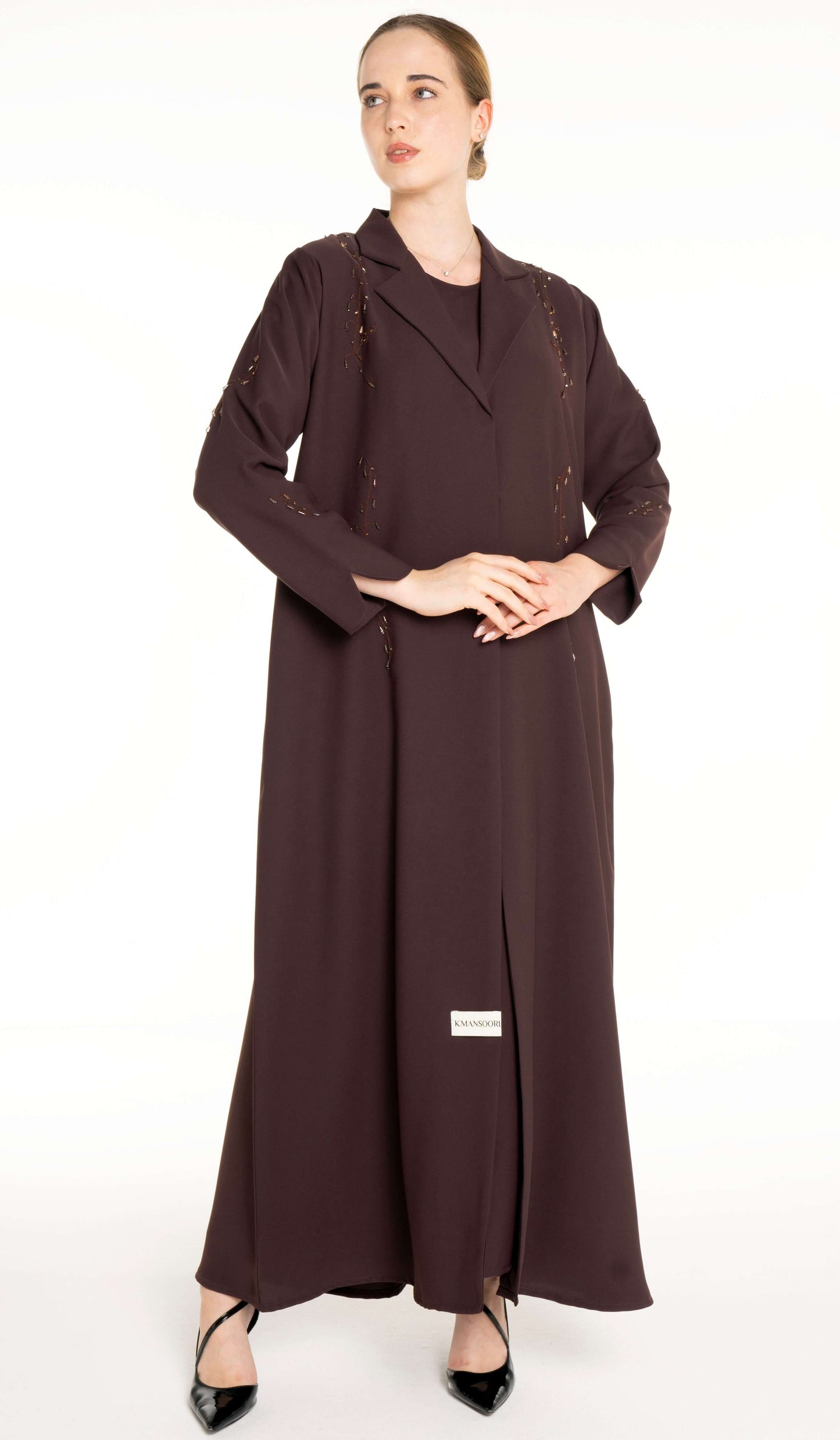 Stylish Collared Brown Abaya With Bead Work Detailing