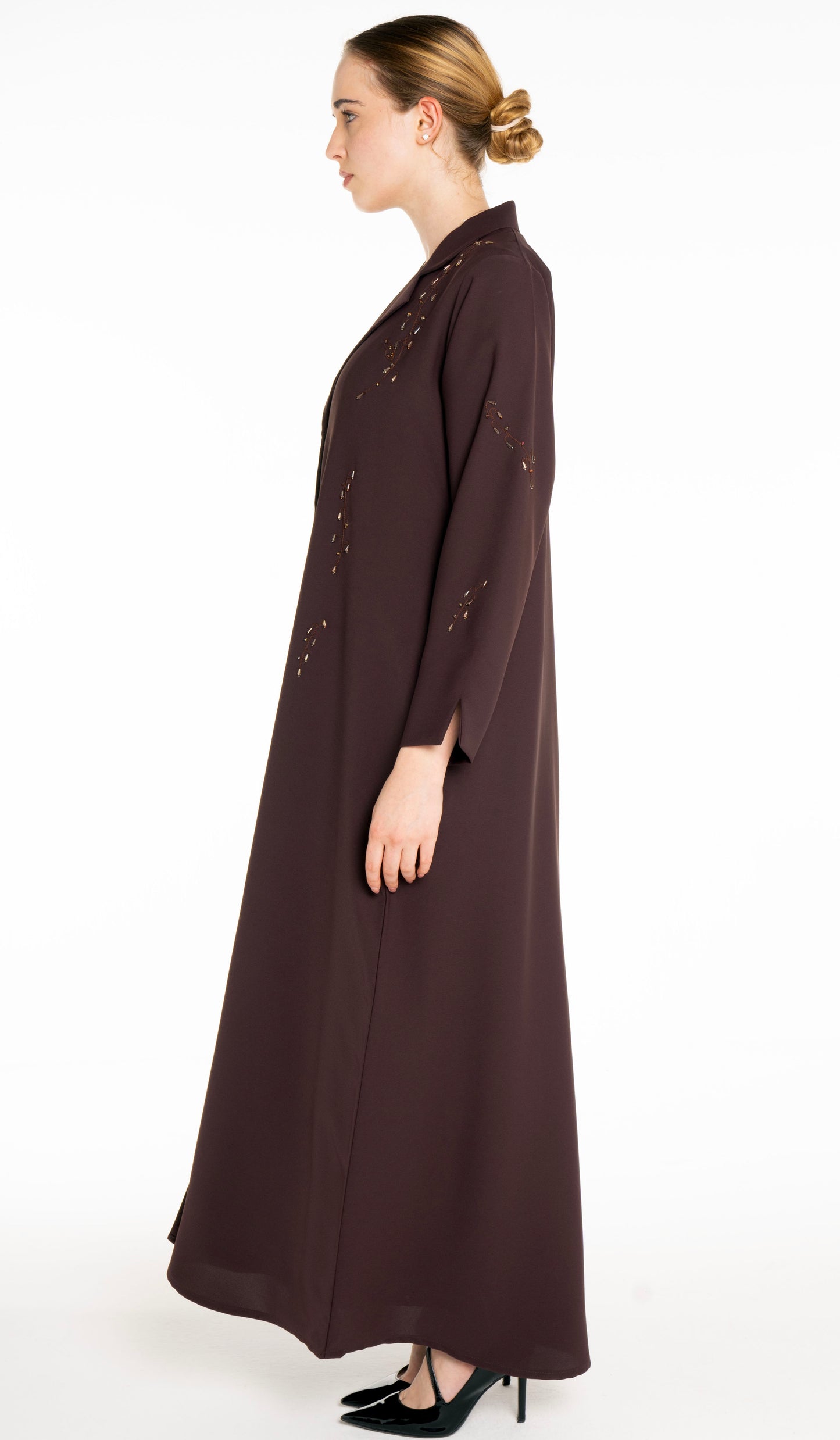 Stylish Collared Abaya With Bead Work Detailing